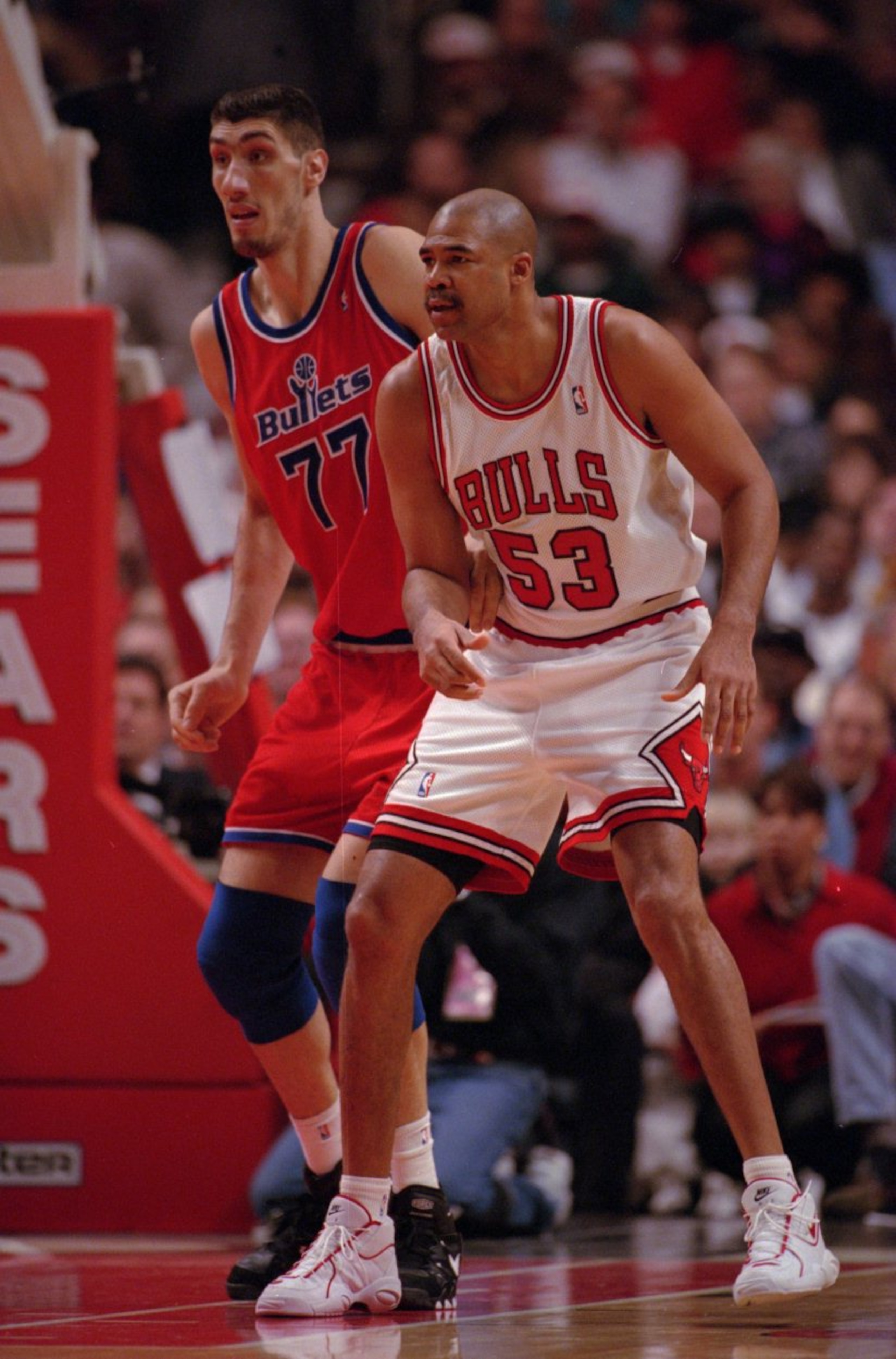 13 Feb 1996:  Center James Edwards of the Chicago Bulls posts up defender Gheorghe Muresan during the Bulls 111-98 win over the Washington Bullets at the United Center in Chicago, Illinois.   Mandatory Credit: Jonathan Daniel/ALLSPORT