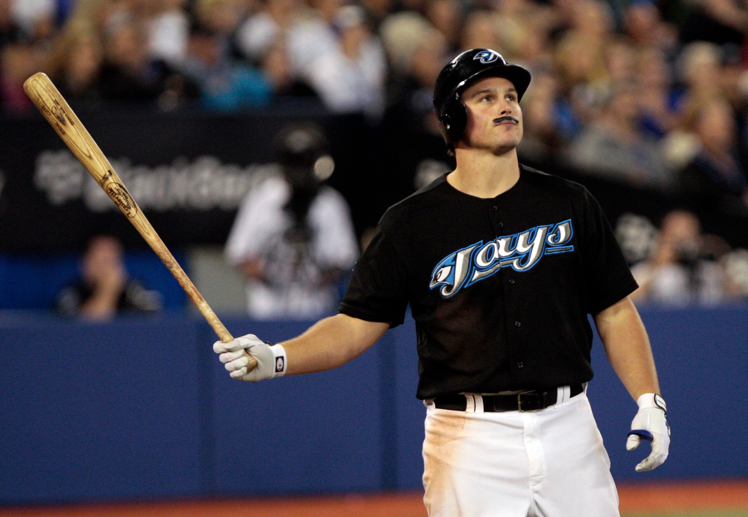 TORONTO, ON - SEPTEMBER 29: Travis Snider #45 of the Toronto Blue Jays shows off his Cito Gaston mustache as he plays against the New York Yankees during a MLB game at the Rogers Centre September 29, 2010 in Toronto, Ontario, Canada. (Photo by Abelimages/
