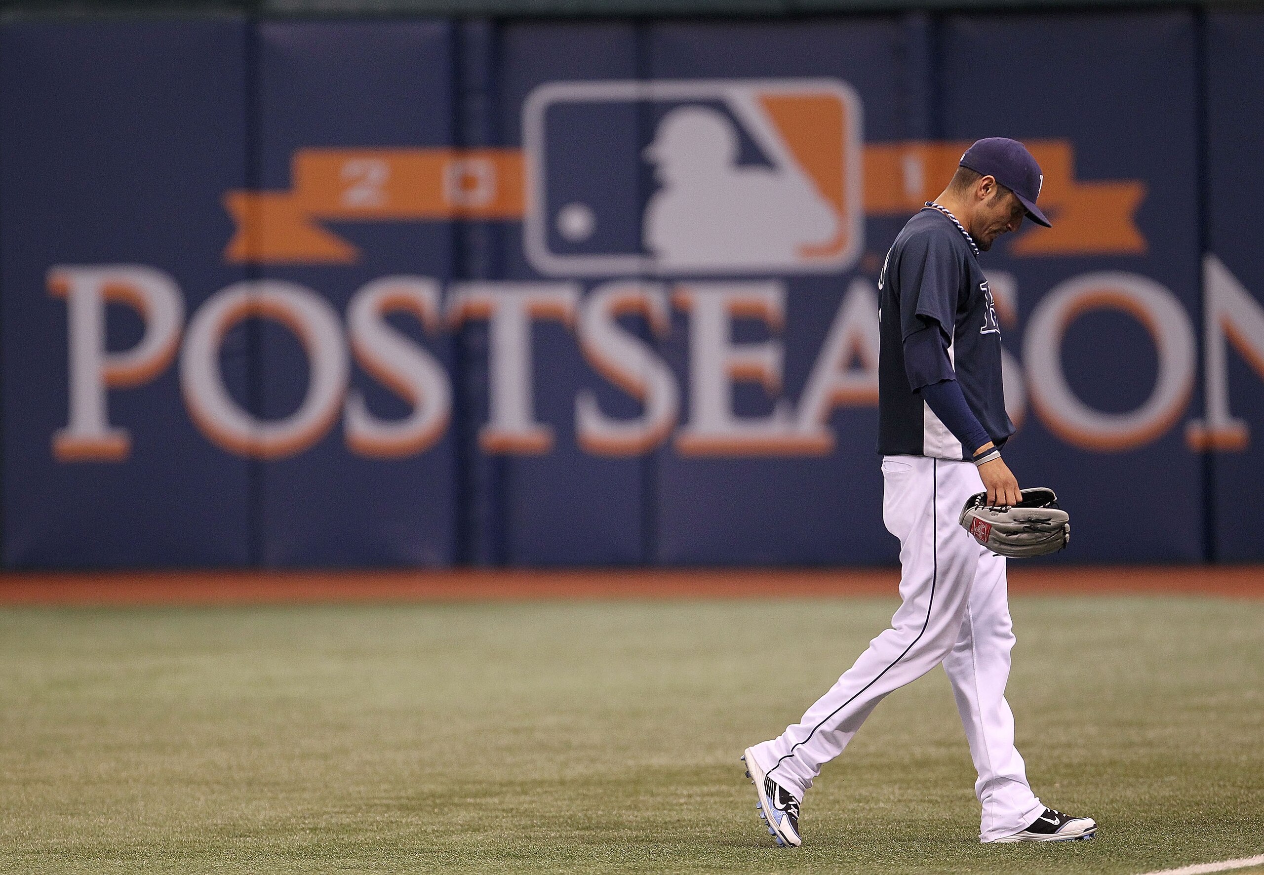 ST. PETERSBURG, FL - OCTOBER 12: Matt Garza of the Tampa Bay Rays walks off the field during batting practice before Game 5 of the ALDS against the Texas Rangers at Tropicana Field on October 12, 2010 in St. Petersburg, Florida.  (Photo by Mike Ehrmann/Ge
