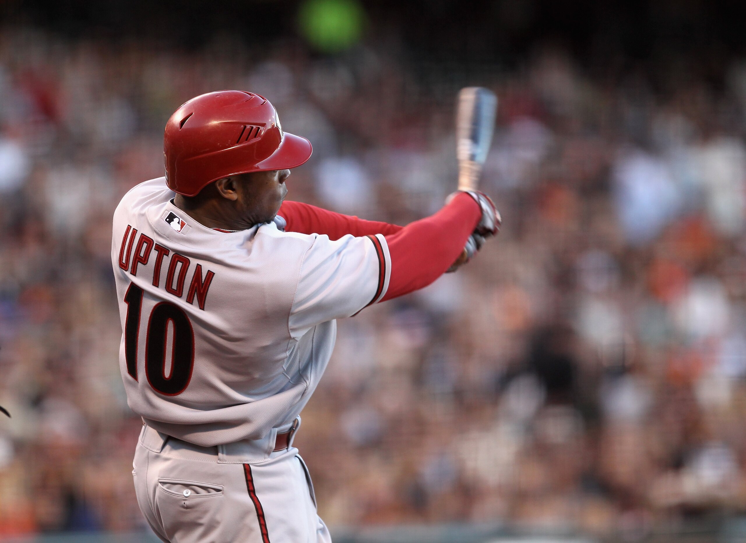 SAN FRANCISCO - MAY 29:  Justin Upton #10 of the Arizona Diamondbacks bats against the San Francisco Giants at AT&T Park on May 29, 2010 in San Francisco, California.  (Photo by Ezra Shaw/Getty Images)