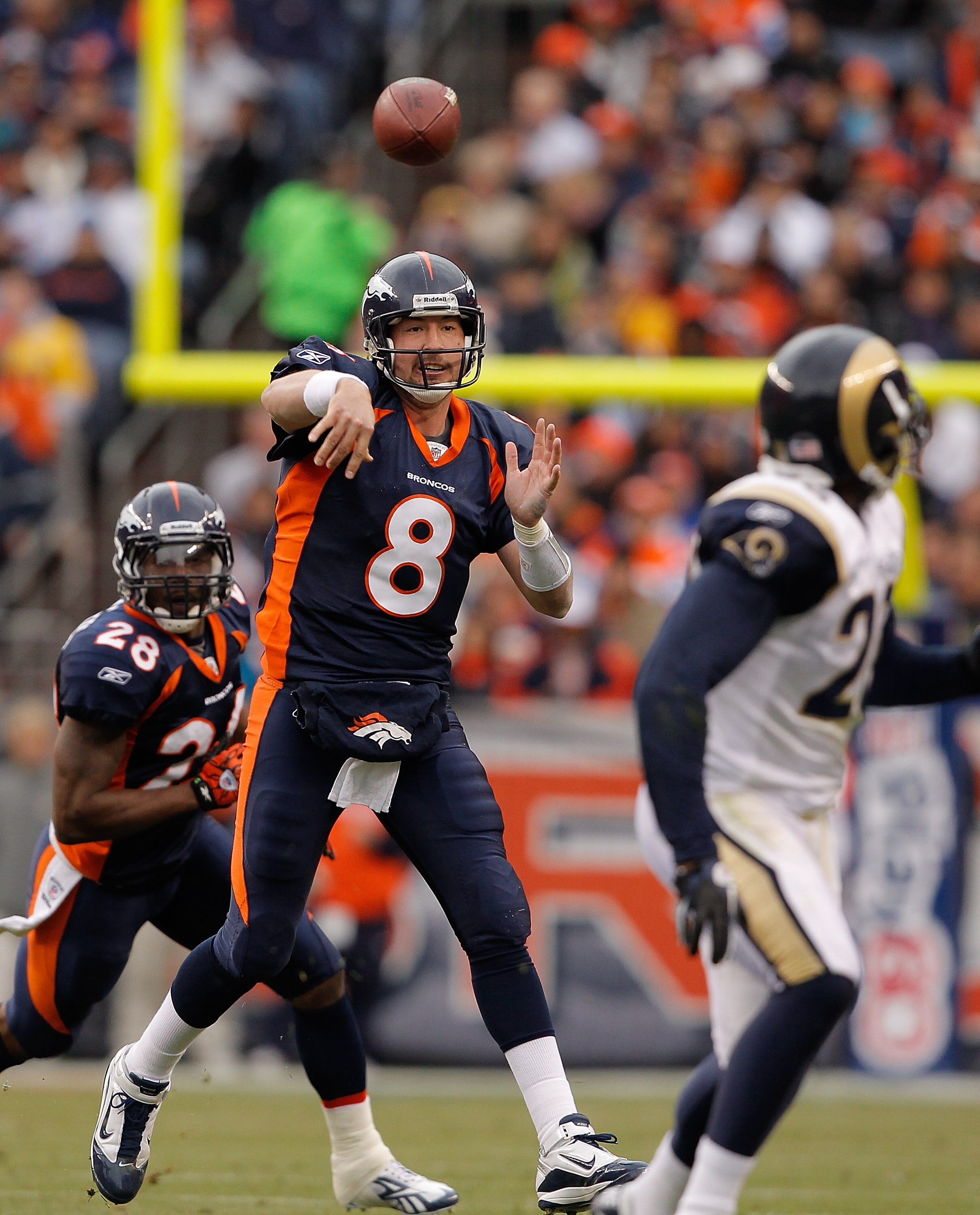 DENVER - NOVEMBER 28:  Quarterback Kyle Orton #8 of the Denver Broncos makes a pass against the St. Louis Rams in the first quarter at INVESCO Field at Mile High on November 28, 2010 in Denver, Colorado. (Photo by Justin Edmonds/Getty Images)