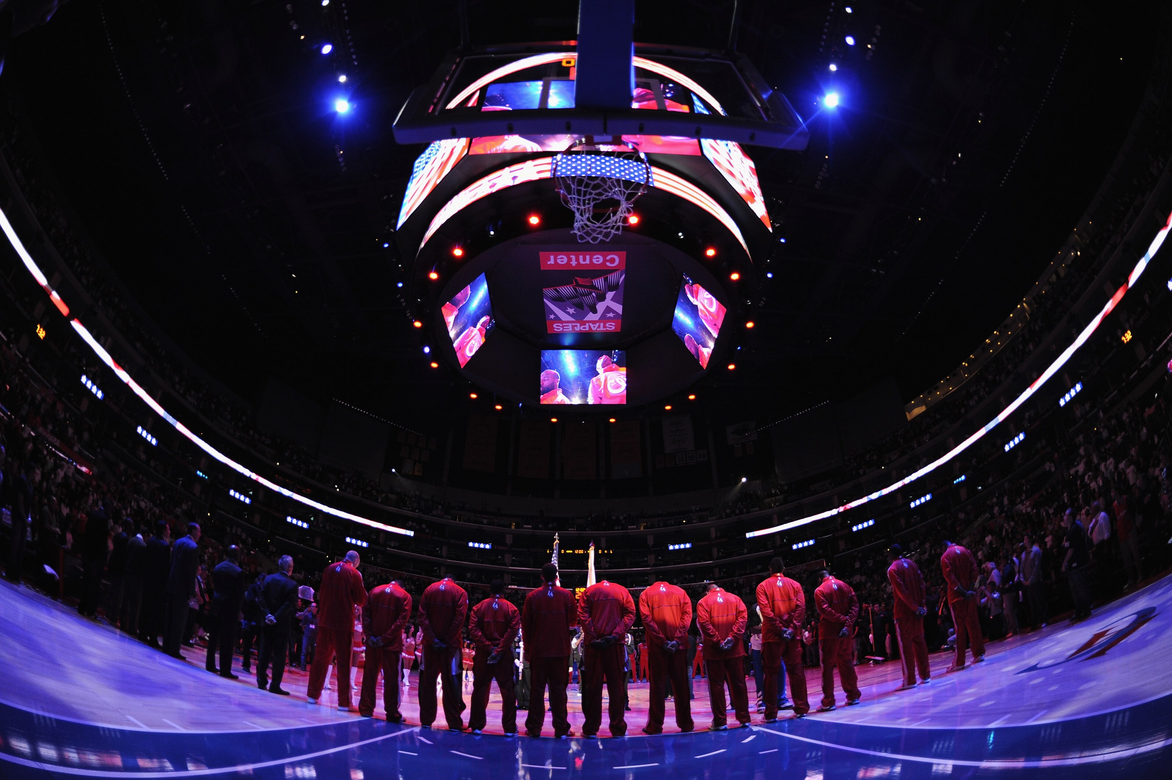 LOS ANGELES, CA - OCTOBER 27:  The Los Angeles Clippers stand during the National Anthem before the game between the Portland Trail Blazers at Staples Center on October 27, 2010 in Los Angeles, California. NOTE TO USER: User expressly acknowledges and agr