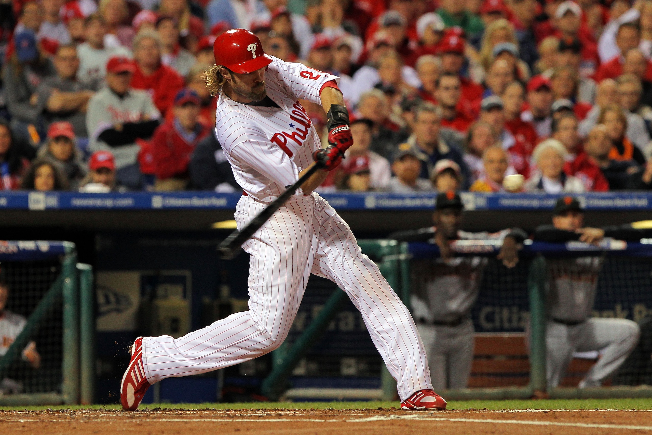PHILADELPHIA - OCTOBER 23: Jayson Werth #28 of the Philadelphia Phillies connects for a first inning sacrifice fly against the San Francisco Giants in Game Six of the NLCS during the 2010 MLB Playoffs at Citizens Bank Park on October 23, 2010 in Philadel PHILADELPHIA - OCTOBER 23: Jayson Werth #28 of the Philadelphia Phillies connects for a first inning sacrifice fly against the San Francisco Giants in Game Six of the NLCS during the 2010 MLB Playoffs at Citizens Bank Park on October 23, 2010 in Philadel