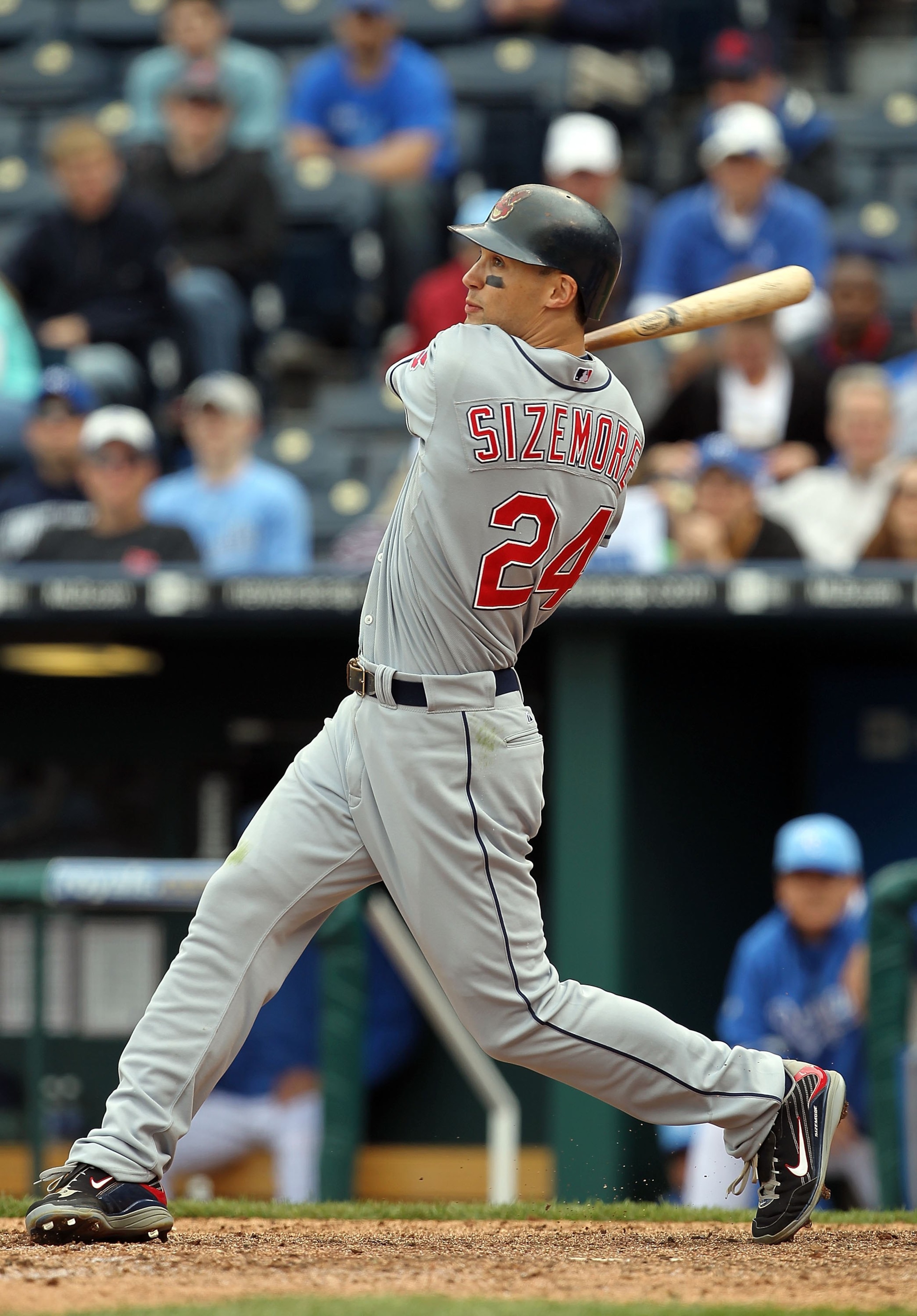 KANSAS CITY, MO - MAY 13: Grady Sizemore #24 of the Cleveland Indians bats during the game against the Kansas City Royals on May 13, 2010 at Kauffman Stadium in Kansas City, Missouri. (Photo by Jamie Squire/Getty Images) KANSAS CITY, MO - MAY 13: Grady Sizemore #24 of the Cleveland Indians bats during the game against the Kansas City Royals on May 13, 2010 at Kauffman Stadium in Kansas City, Missouri. (Photo by Jamie Squire/Getty Images)