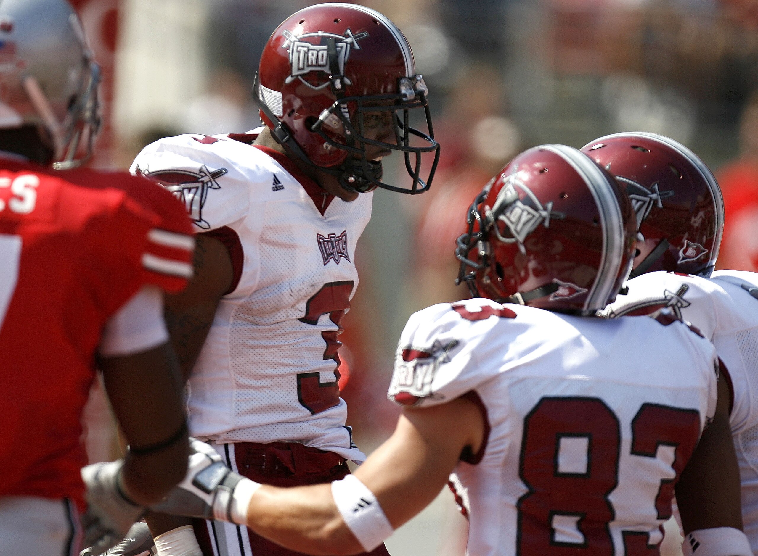 COLUMBUS, OH - SEPTEMBER 20:  Jerrel Jernigan #3 of the Troy Trojans celebrates a second quarter touchdown with Zack Marcum #83 while playing the Ohio State Buckeyes on September 20, 2008 at Ohio Stadium in Columbus, Ohio.  (Photo by Gregory Shamus/Getty