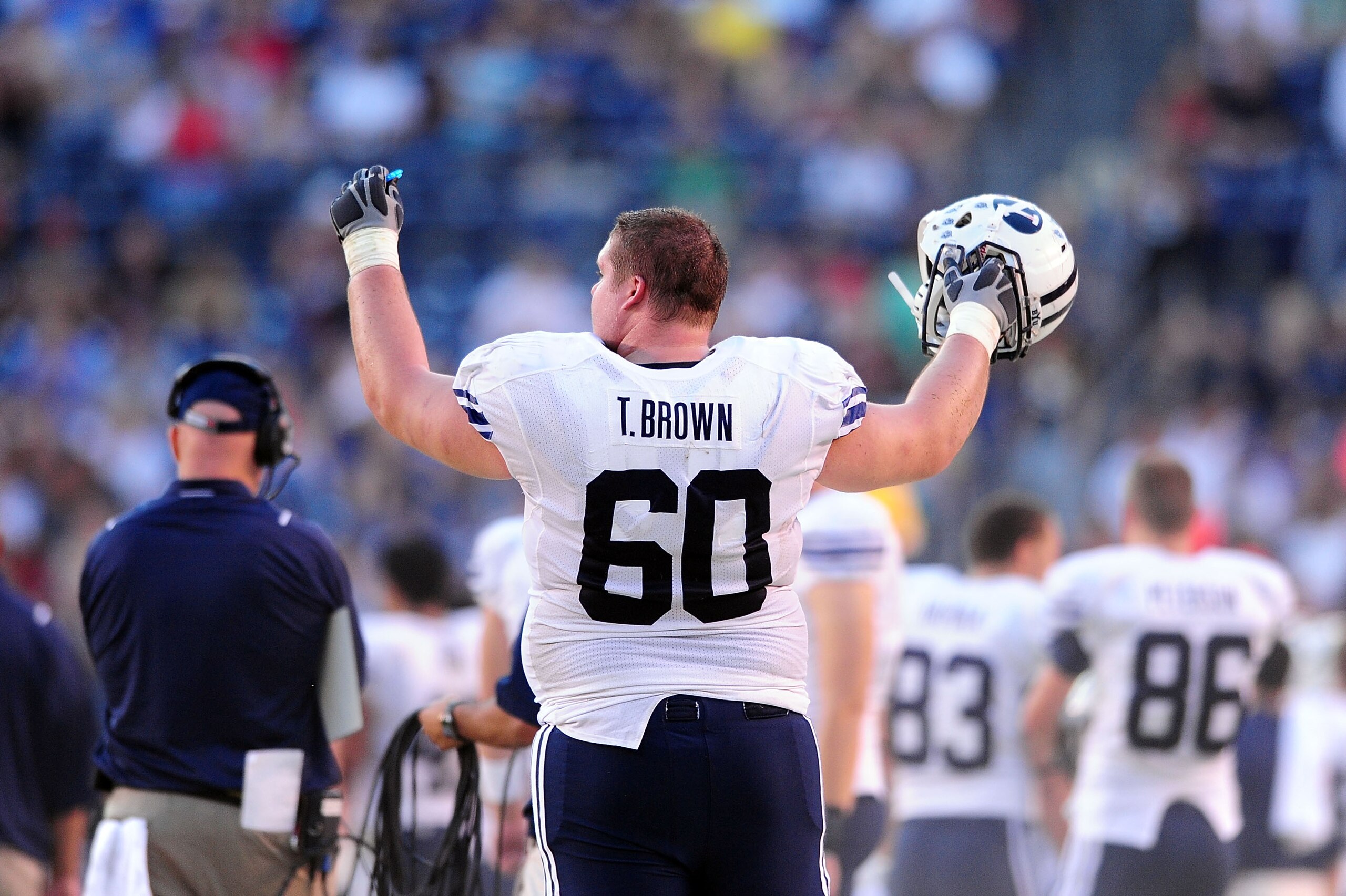 SAN DIEGO - OCTOBER 17: Terrence Brown #60 of BYU Cougars reacts to a great play against  San Diego State Aztecs at Qualcomm Stadium on October 17, 2009 in San Diego, California.  (Photo by Jacob de Golish/Getty Images)