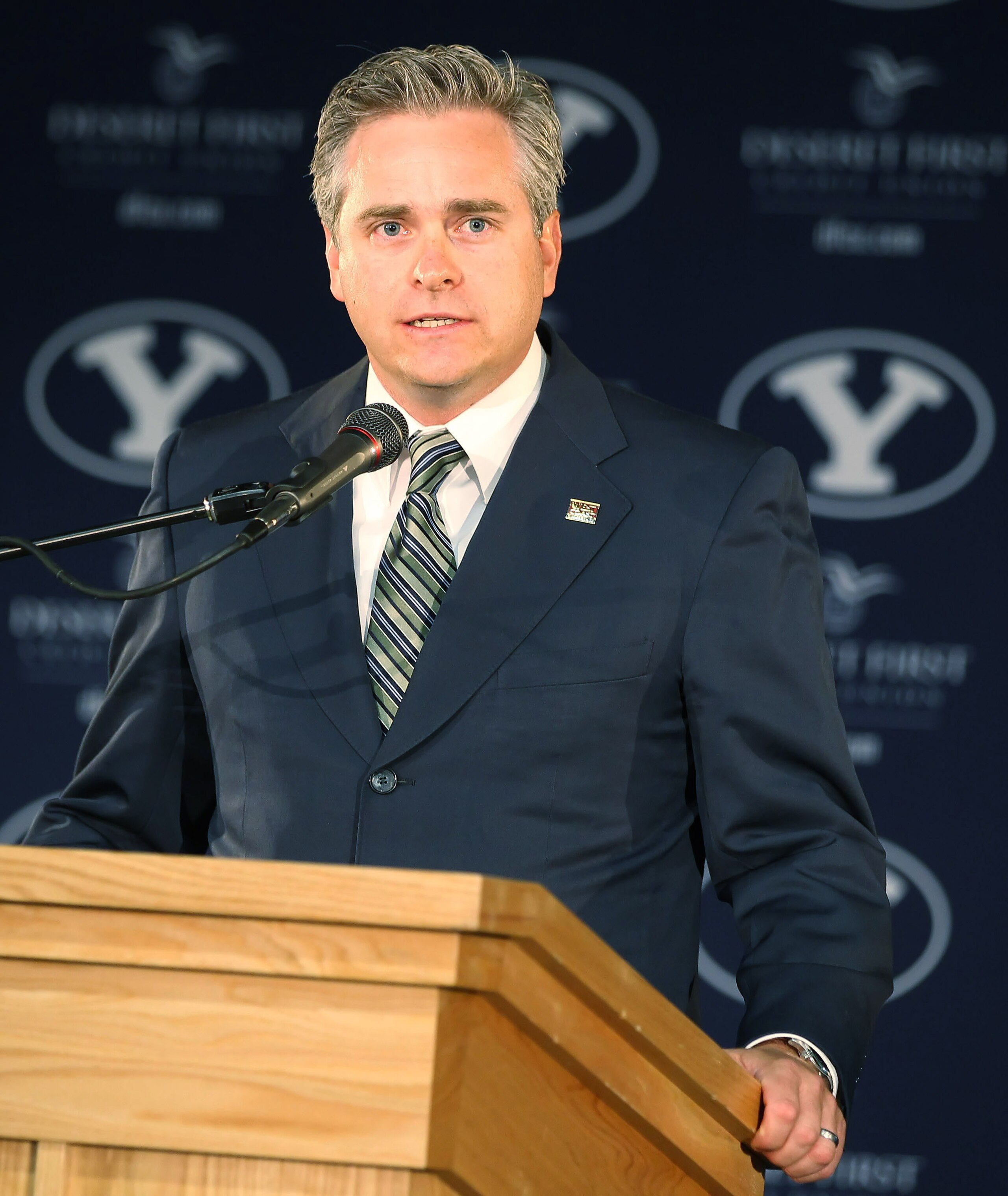 PROVO, UT - SEPTEMBER 1:  Western Coast Conference Commissioner Jamie Zaninovich announces that BYU's other sports will join his conference after BYU football becomes independent in 2011 separating from the Mountain West Conference, September 1, 2010 in P