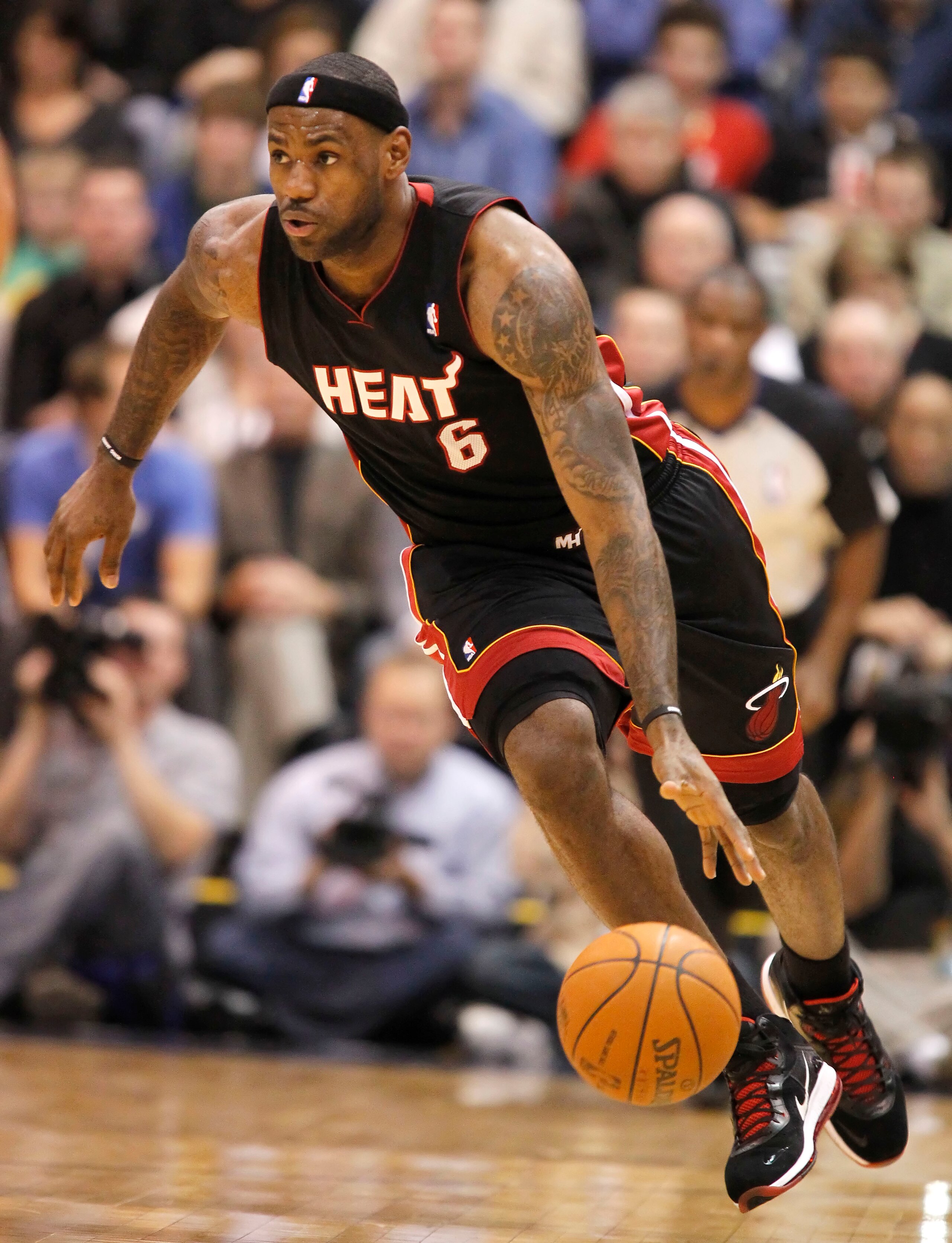 SALT LAKE CITY, UT - DECEMBER 8: LeBron James #6 of the Miami Heat  brings the ball down court during a game against the Utah Jazz during the first half of an NBA game December 8, 2010 at Energy Solutions Arena in Salt Lake City, Utah. NOTE TO USER:  User