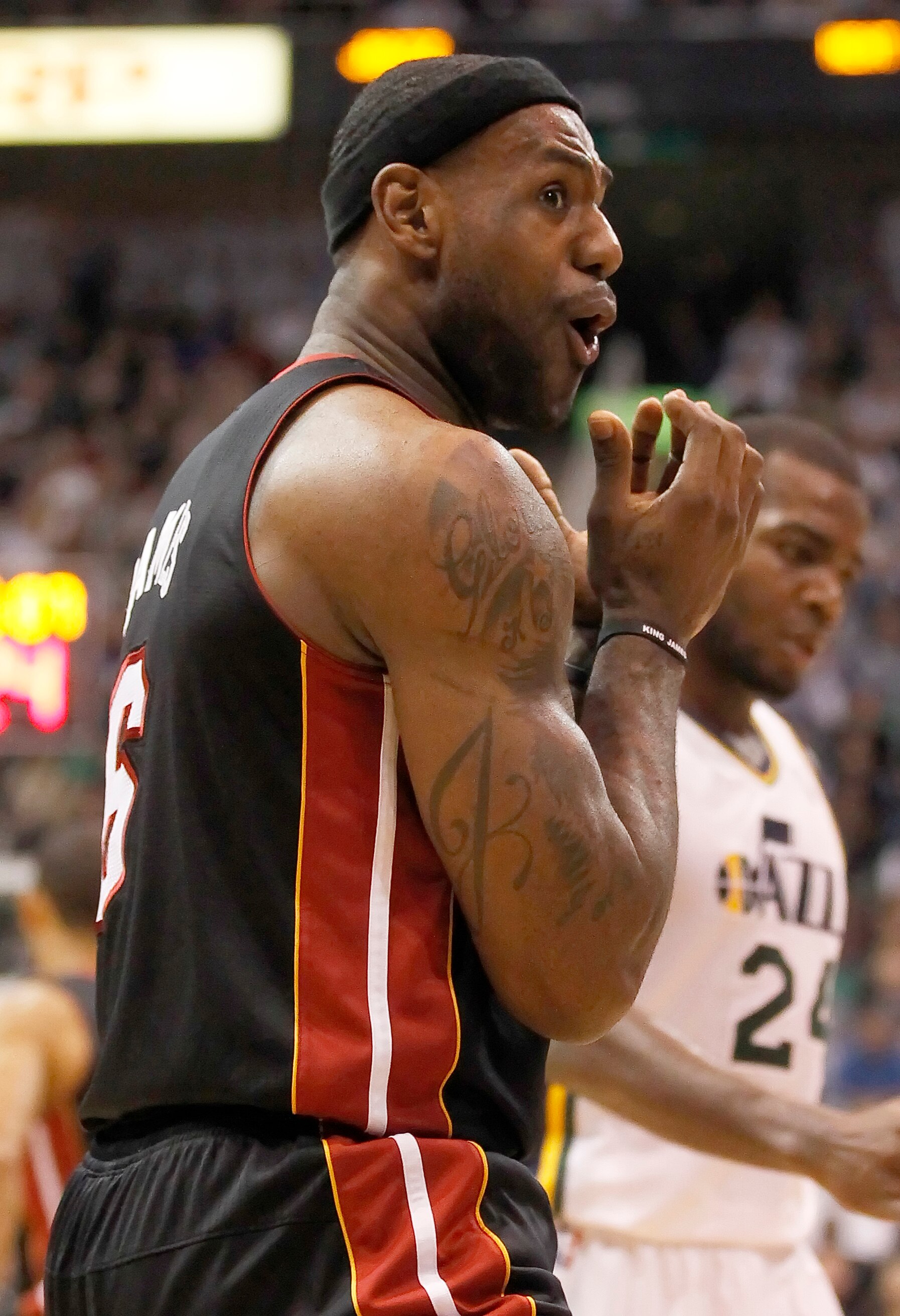 SALT LAKE CITY, UT - DECEMBER 8: LeBron James #6 of the Miami Heat reacts to an offensive foul in a game against the Utah Jazz during the first half of an NBA game December 8, 2010 at Energy Solutions Arena in Salt Lake City, Utah. NOTE TO USER:  User exp