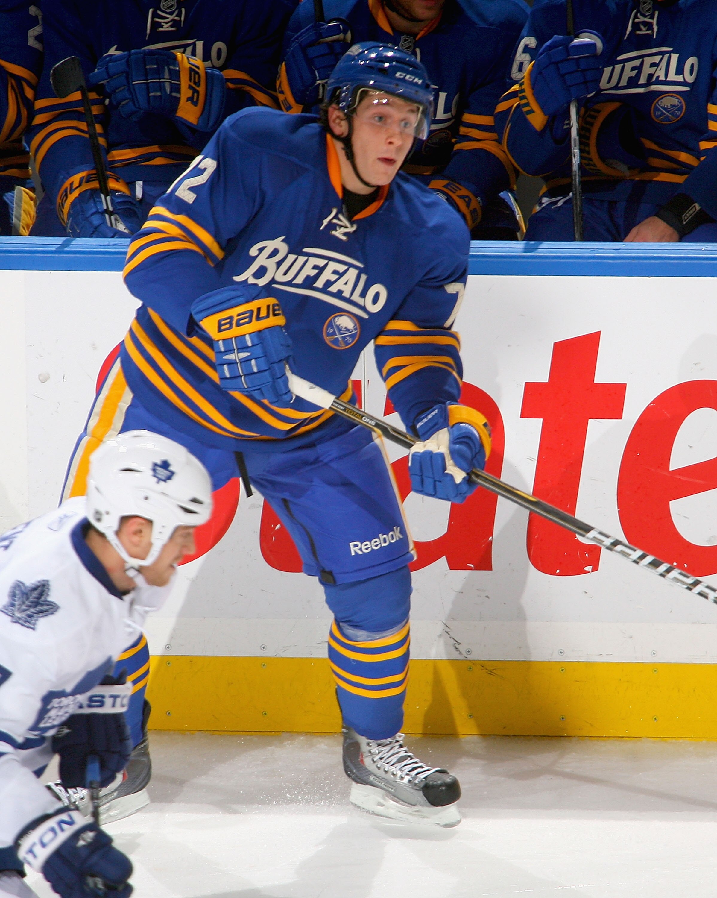 BUFFALO, NY - NOVEMBER 26:  Luke Adam #72 of the Buffalo Sabres skates against the Toronto Maple Leafs at HSBC Arena on November 26, 2010 in Buffalo, New York. Buffalo won 3-1.  (Photo by Rick Stewart/Getty Images)