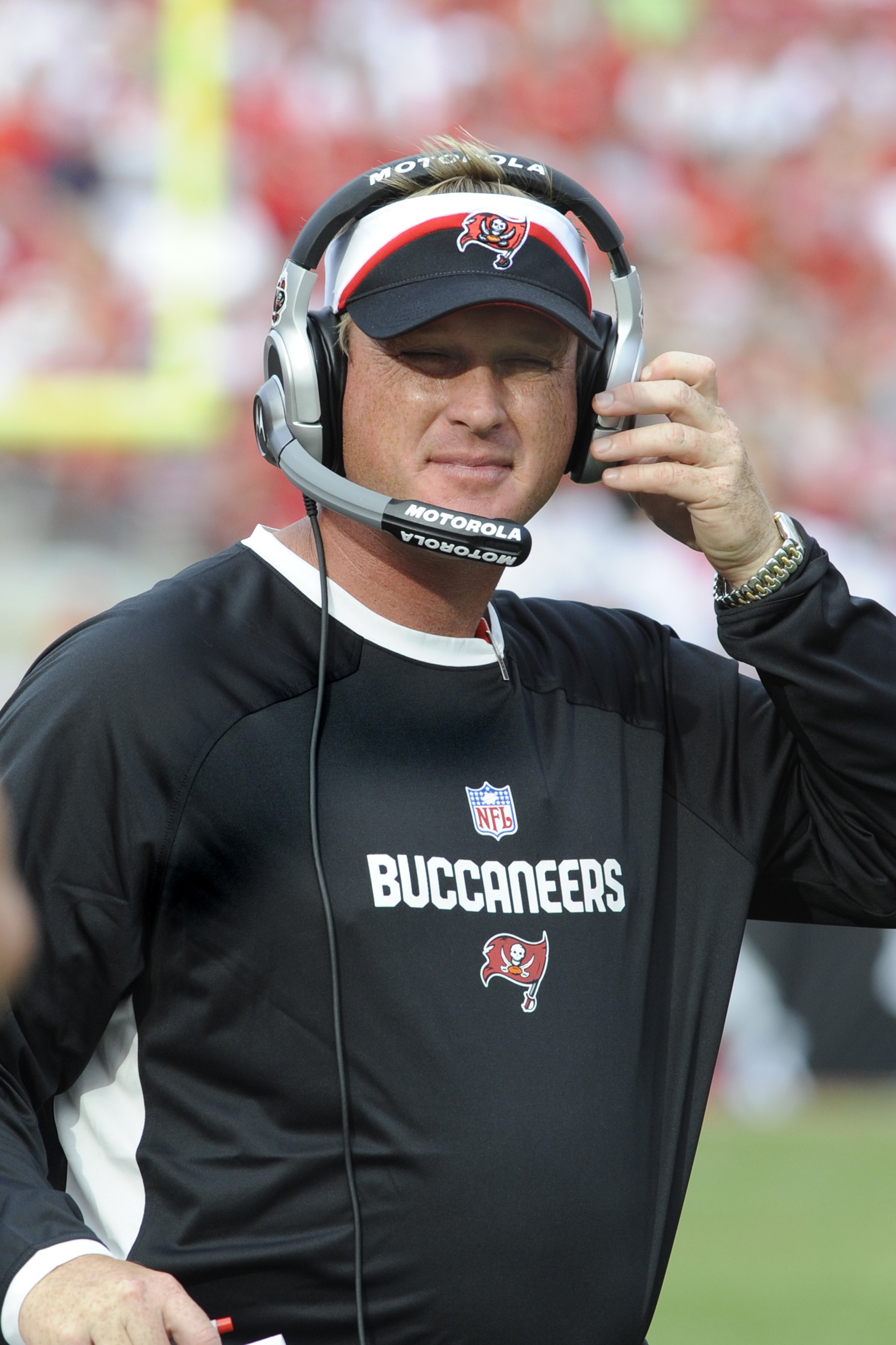 TAMPA, FL -  DECEMBER 30: Coach Jon Gruden of the Tampa Bay Buccaneers watches play against the Carolina Panthers at Raymond James Stadium  on December 30, 2007 in Tampa, Florida.  The Panthers won 31 - 23. (Photo by Al Messerschmidt/Getty Images)