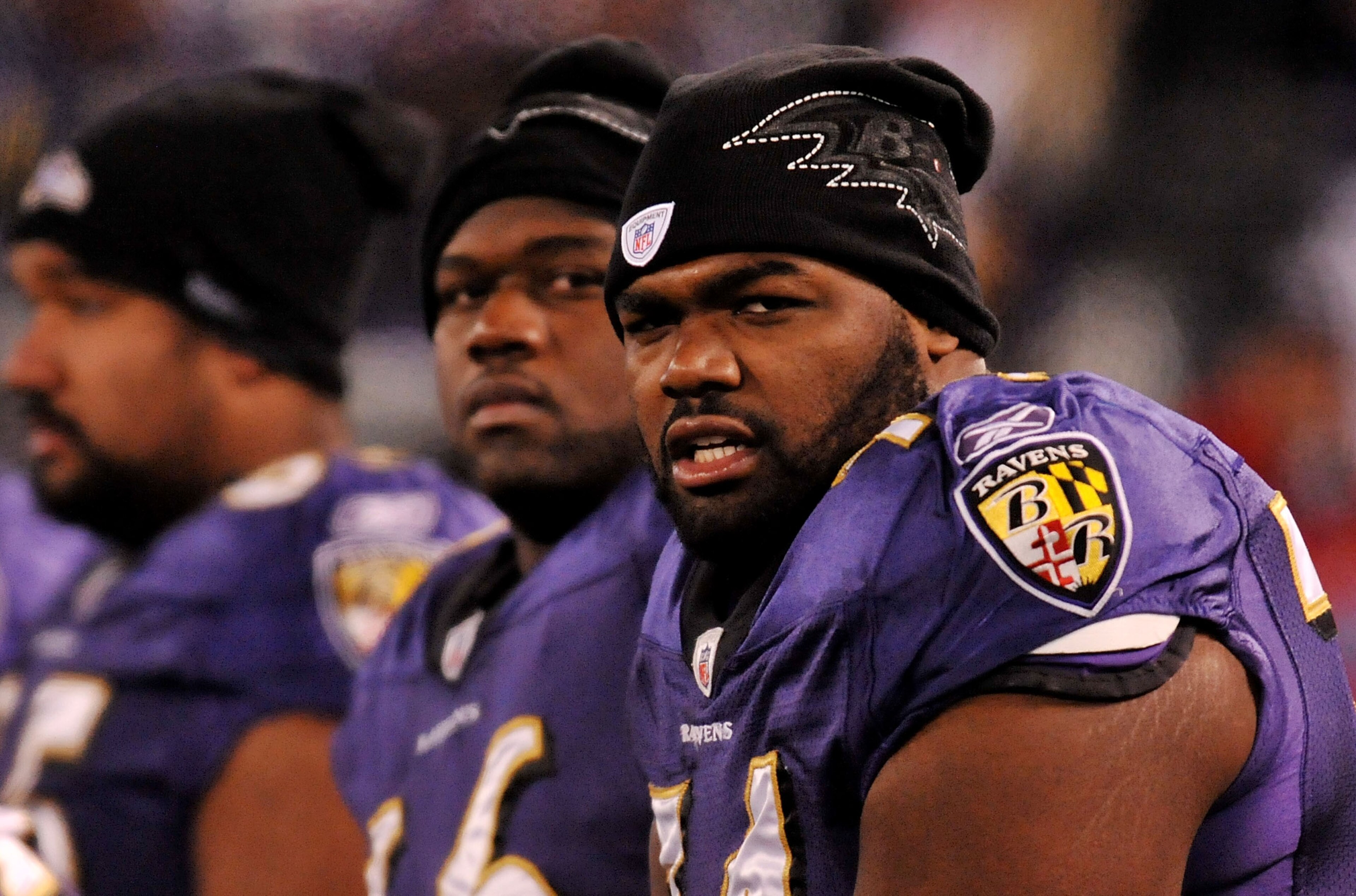BALTIMORE, MD - DECEMBER 05:  Tackle Michael Oher #74 of the Baltimore Ravens looks on from the bench during the game against the Pittsburgh Steelers at M&T Bank Stadium on December 5, 2010 in Baltimore, Maryland.  (Photo by Larry French/Getty Images)