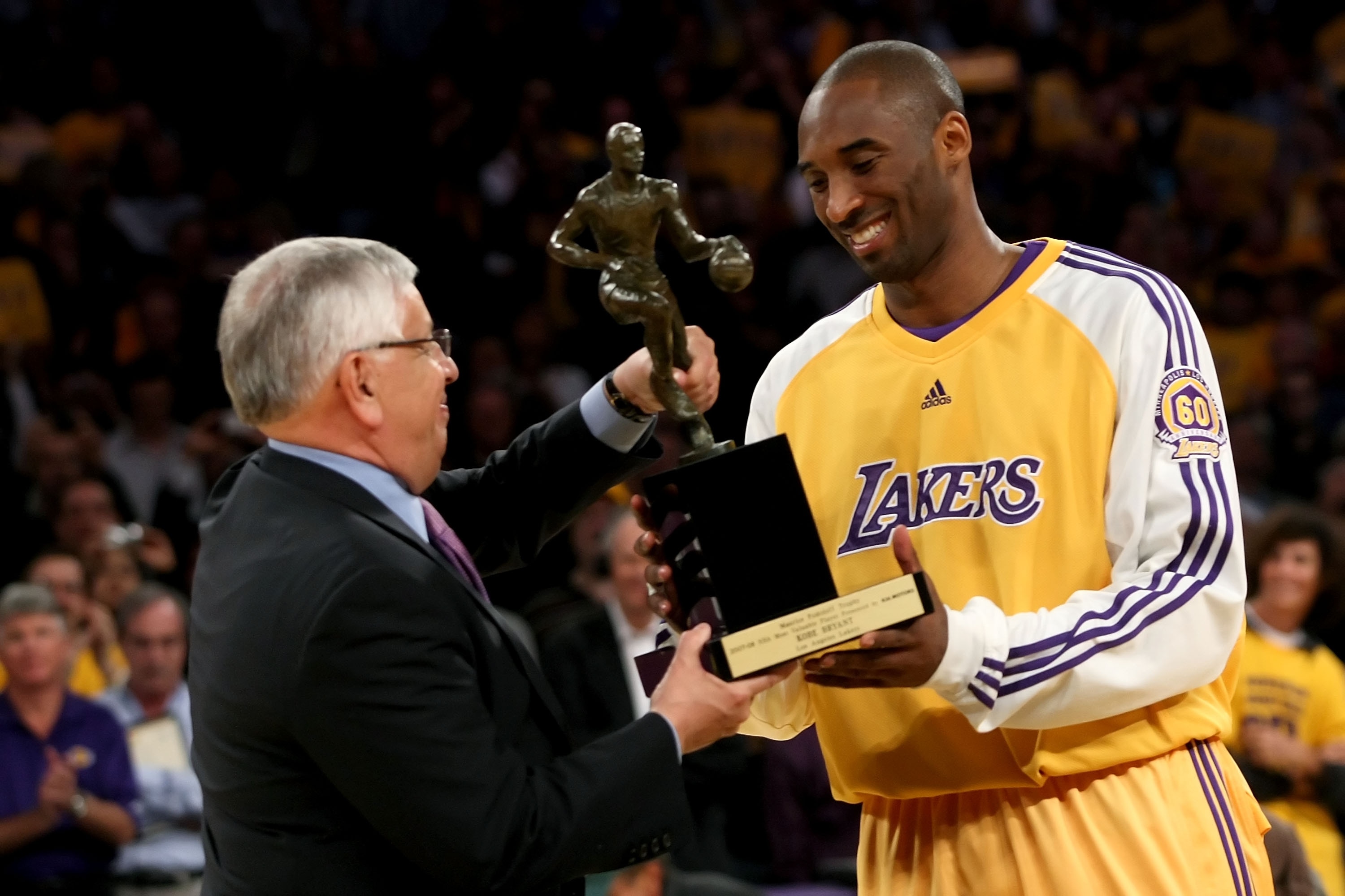 LOS ANGELES, CA - MAY 07:  NBA Commissioner David Stern presents Kobe Bryant #24 of the Los Angeles Lakers the MVP Trophy before the start of Game Two of the Western Conference Semifinals against the Utah Jazz during the 2008 NBA Playoffs on May 7, 2008 a