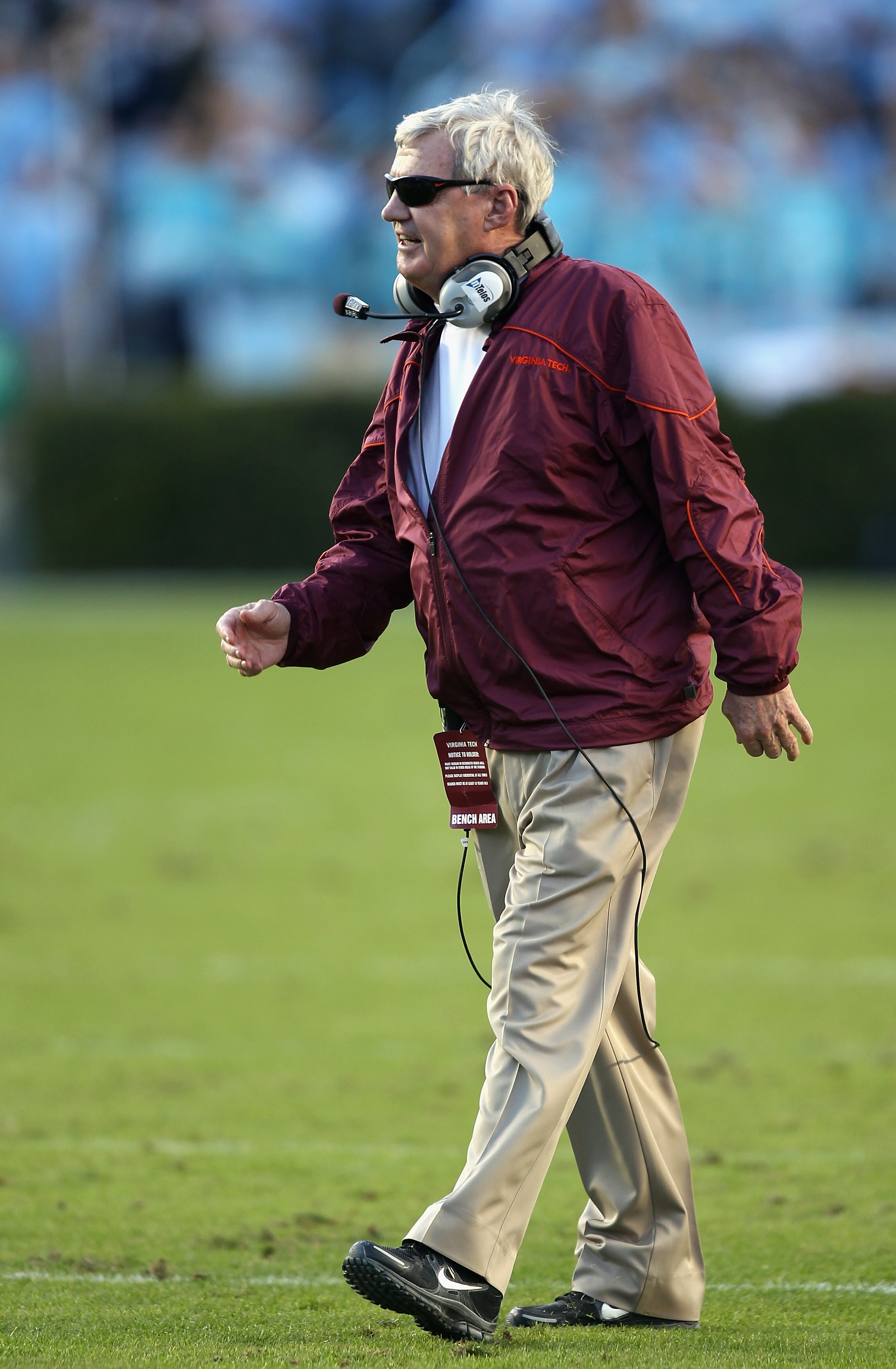 CHAPEL HILL, NC - NOVEMBER 13:  Head coach Frank Beamer of the Virginia Tech Hokies walk onto the field against the North Carolina Tar Heels during their game at Kenan Stadium on November 13, 2010 in Chapel Hill, North Carolina.  (Photo by Streeter Lecka/
