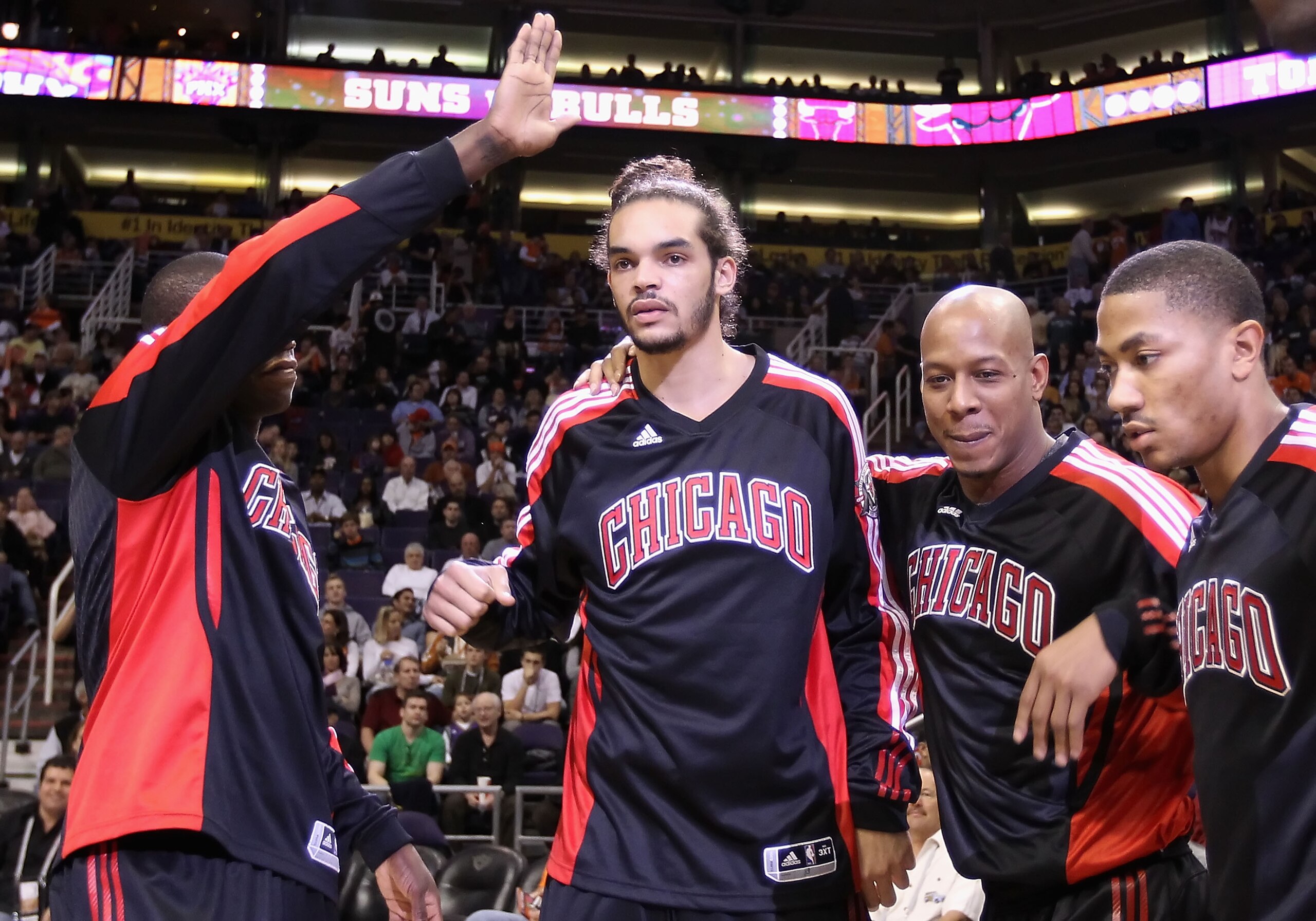 PHOENIX - NOVEMBER 24:  Joakim Noah #13 of the Chicago Bulls is introduced before the NBA game against the Phoenix Suns at US Airways Center on November 24, 2010 in Phoenix, Arizona. NOTE TO USER: User expressly acknowledges and agrees that, by downloadin