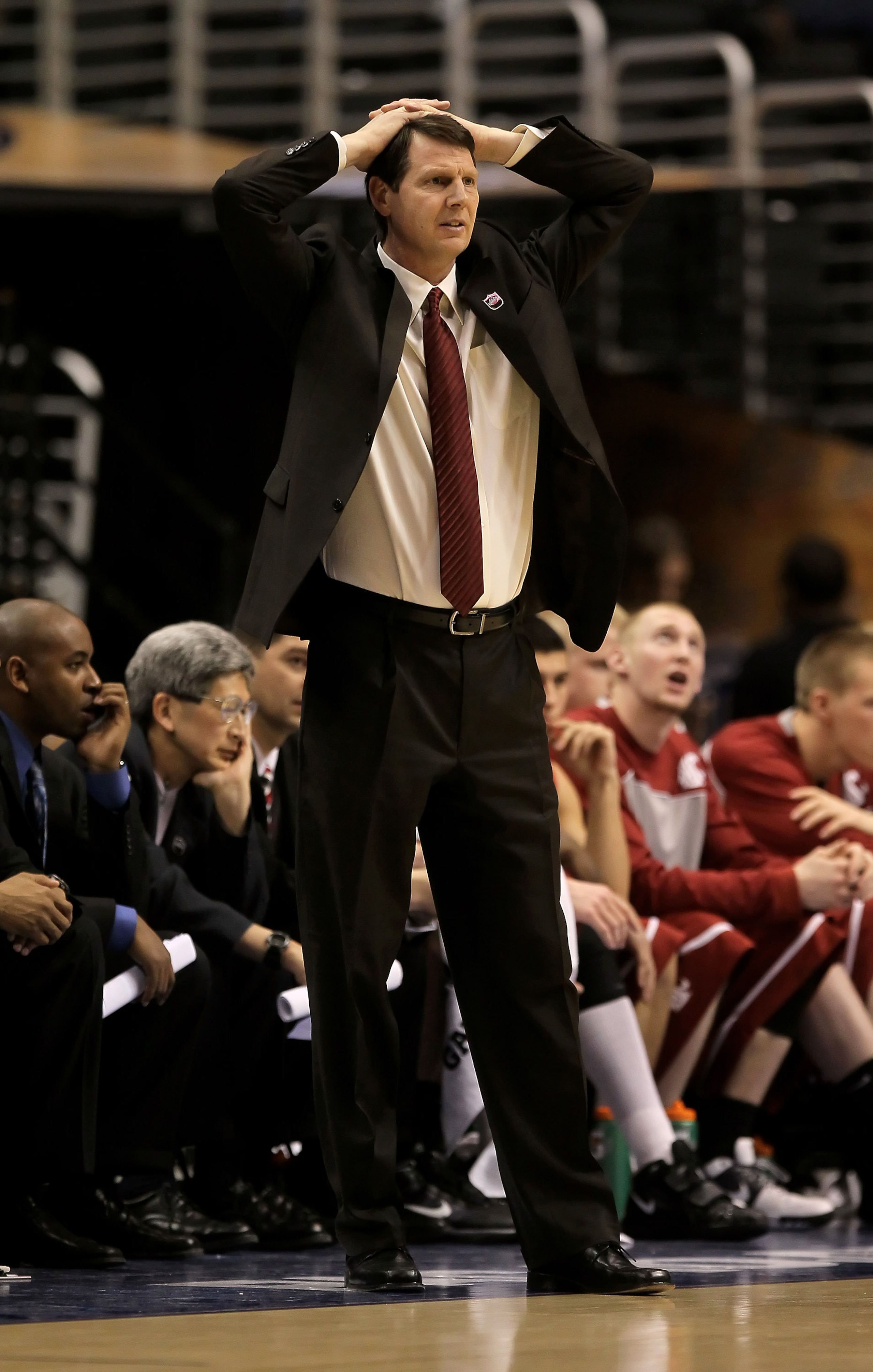 LOS ANGELES, CA - MARCH 10:  Washington State Cougars head coach Ken Bone reacts against the Oregon Ducks during the first round of the Pac-10 Basketball Tournament at Staples Center on March 10, 2010 in Los Angeles, California. Oregon defeated Washington