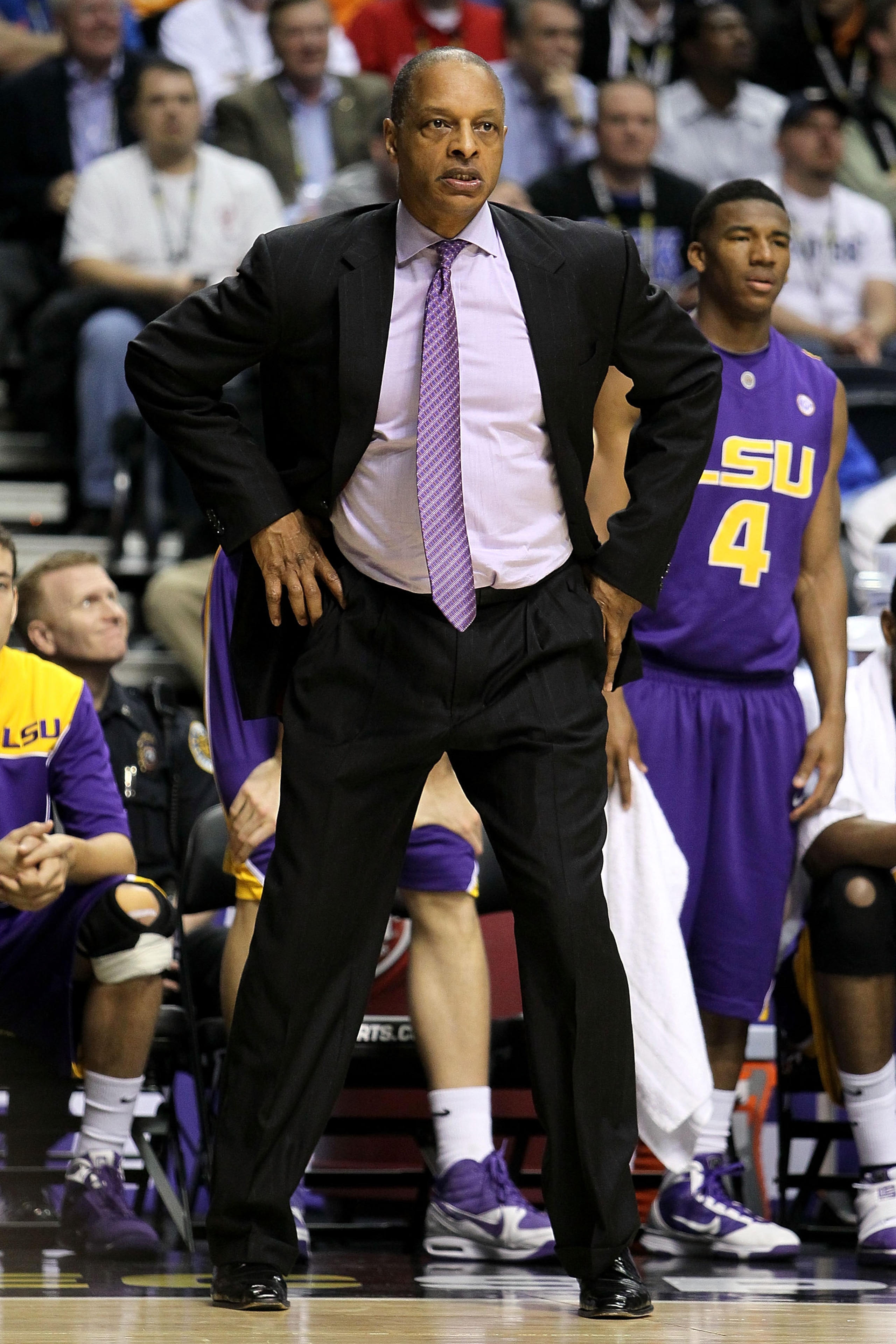 NASHVILLE, TN - MARCH 11:  Head coach Trent Johnson of the LSU Tigers coaches against the Tennessee Volunteers during the first round of the SEC Men's Basketball Tournament at the Bridgestone Arena on March 11, 2010 in Nashville, Tennessee.  (Photo by And