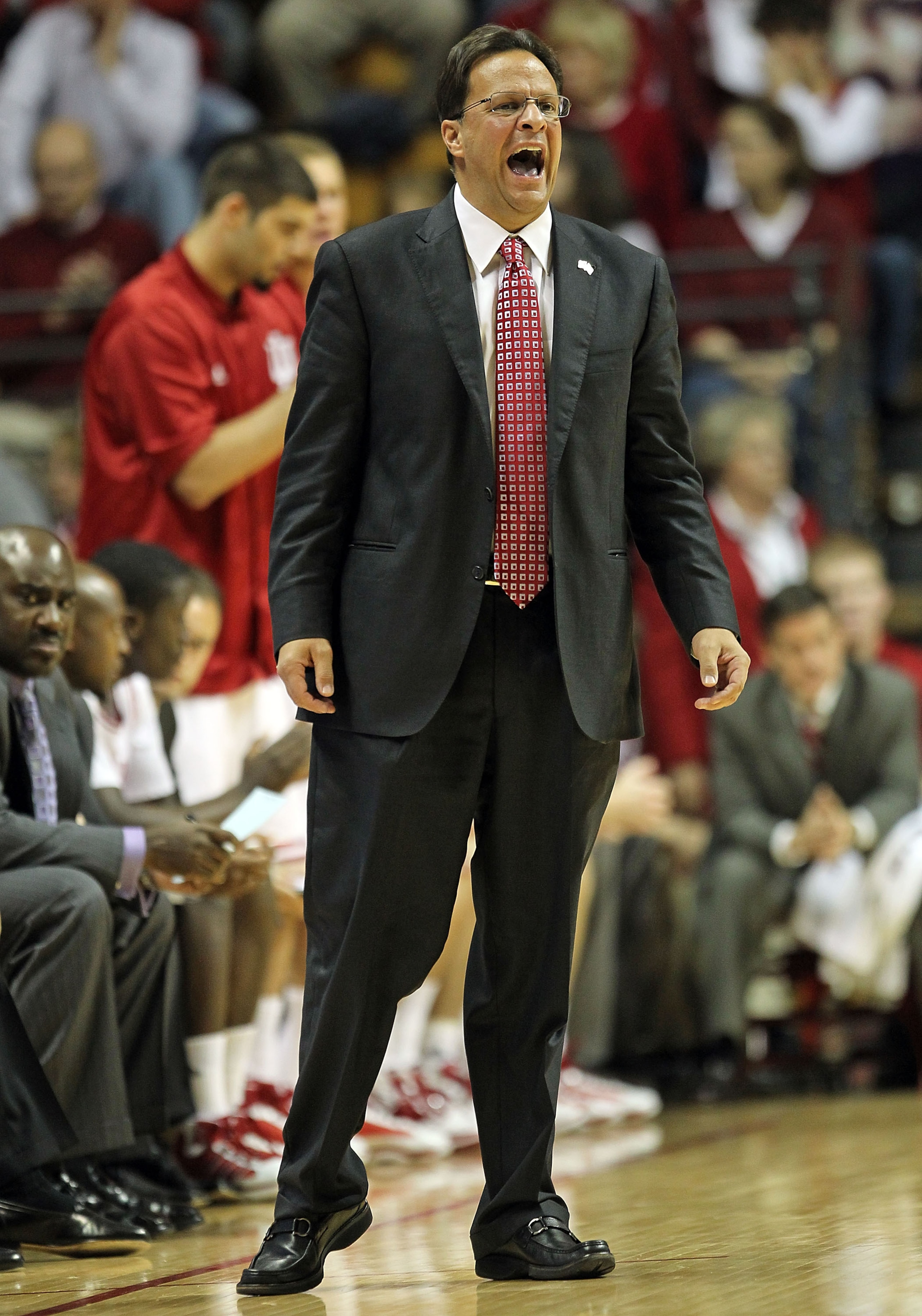 BLOOMINGTON, IN - NOVEMBER 23:  Tom Crean the Head Coach of the Indiana Hoosiers gives instructions to his team during the game against the North Carolina Central Eagles at Assembly Hall on November 23, 2010 in Bloomington, Indiana.  Indiana won 72-56.  (