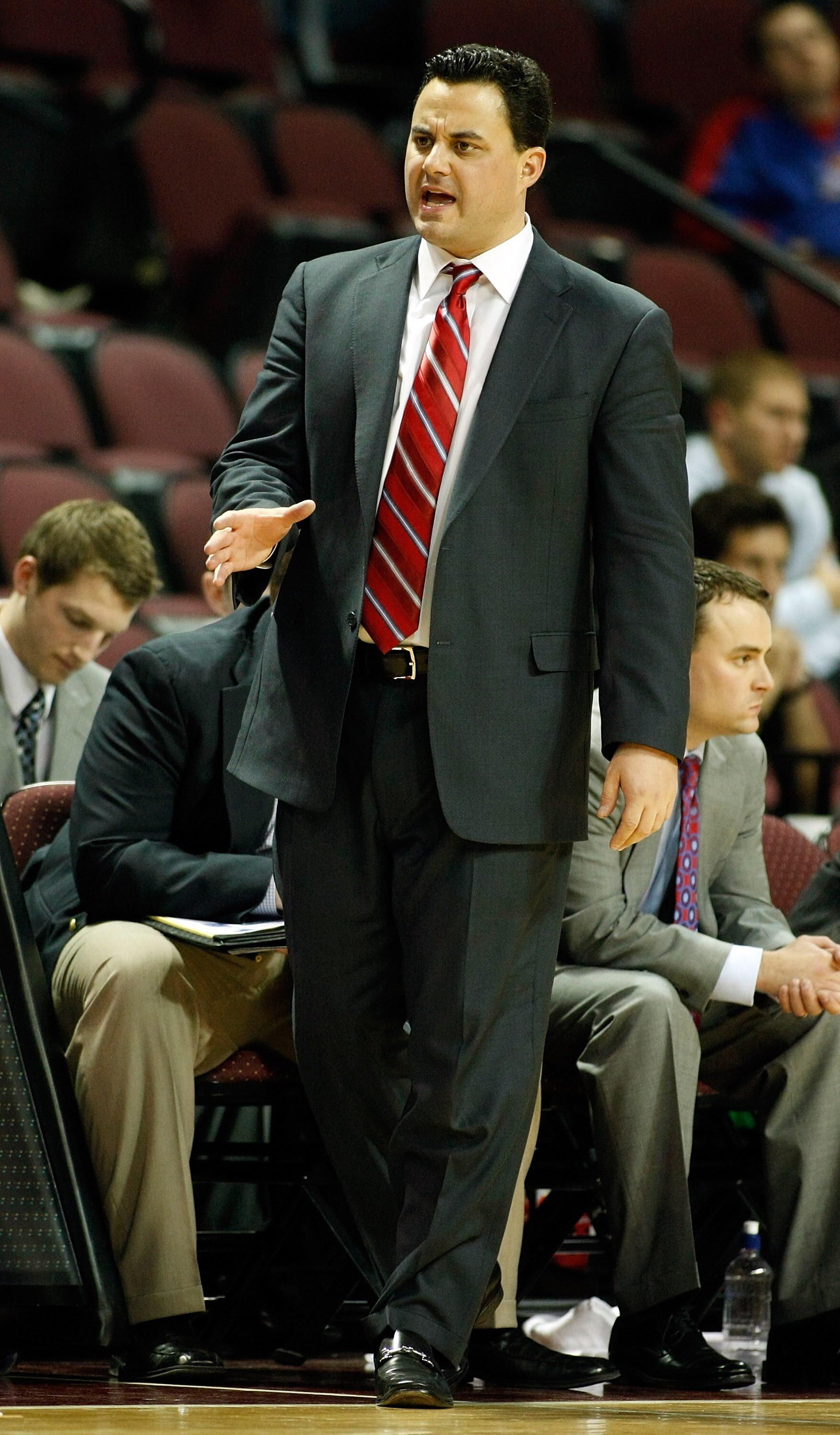 LAS VEGAS - NOVEMBER 26:  Head coach Sean Miller of the Arizona Wildcats looks on during his team's 82-59 victory over the Santa Clara Broncos during the third round of the Las Vegas Invitational at The Orleans Arena November 26, 2010 in Las Vegas, Nevada