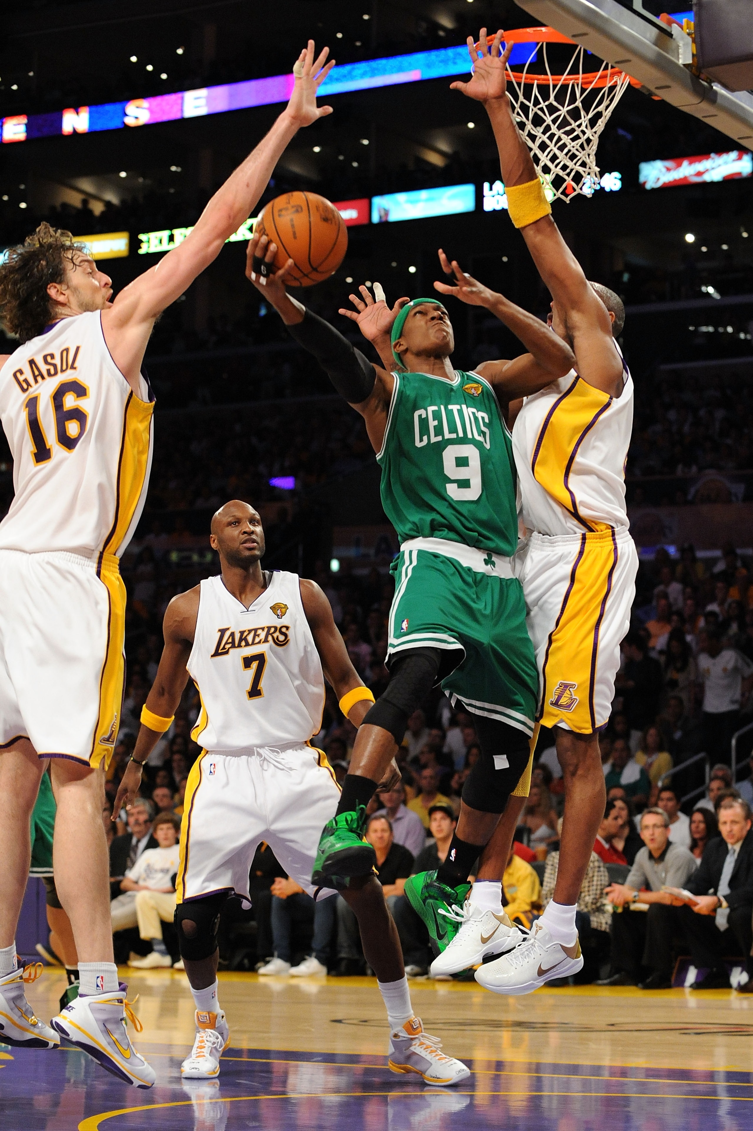 LOS ANGELES, CA - JUNE 06:  Rajon Rondo #9 of the Boston Celtics drives for a shot attempt against Pau Gasol #16, Lamar Odom #7 and Kobe Bryant #24 of the Los Angeles Lakers in Game Two of the 2010 NBA Finals at Staples Center on June 6, 2010 in Los Angel
