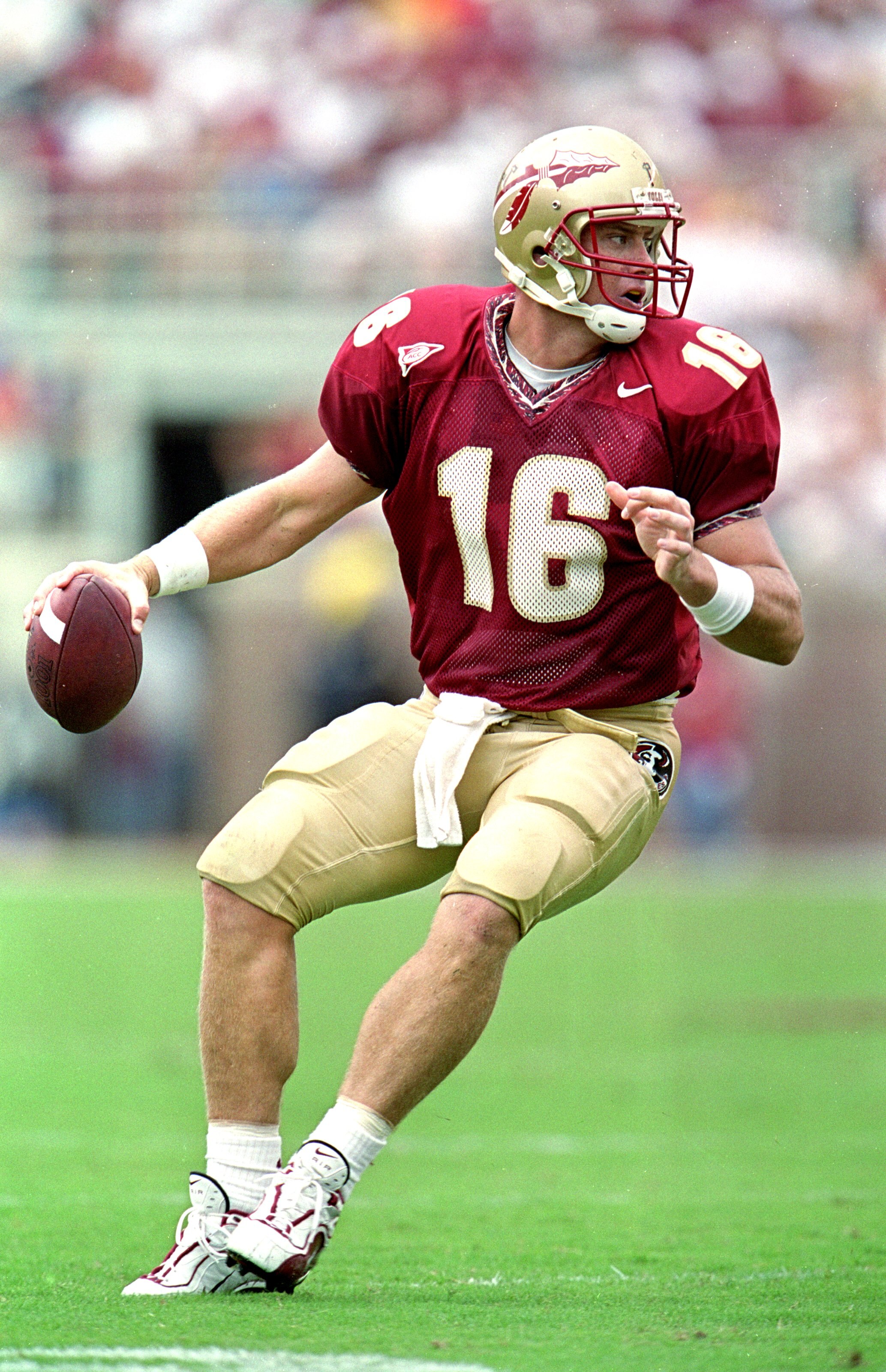 9 Oct 1999:  Chris Weinke #16 of the Florida State Seminoles drops back to pass the ball during the game against the Miami Hurricanes at the Doak Campbell Stadium in Tallahassee, Florida. The Seminoles defeated the Hurricanes 31-21. Mandatory Credit: Andy