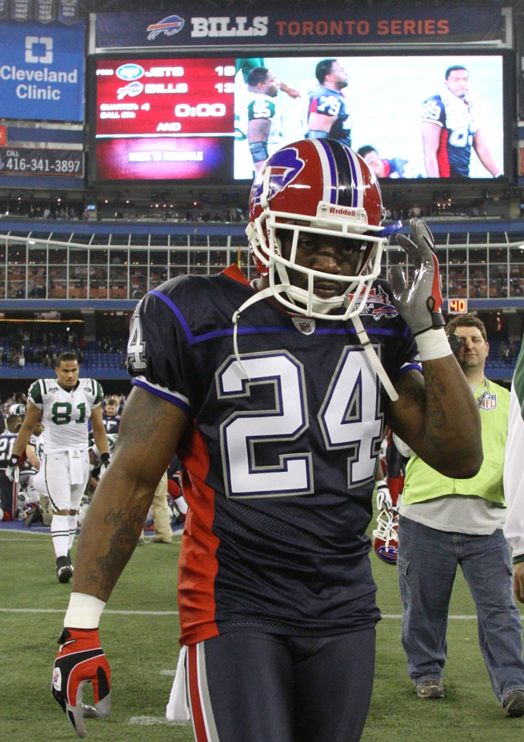 TORONTO - DECEMBER 3: Terrence McGee #24 of the Buffalo Bills walks off the field dejected after they lost 19-16 against the New York Jets at Rogers Centre on December 3, 2009 in Toronto, Canada.  (Photo by Rick Stewart/Getty Images)