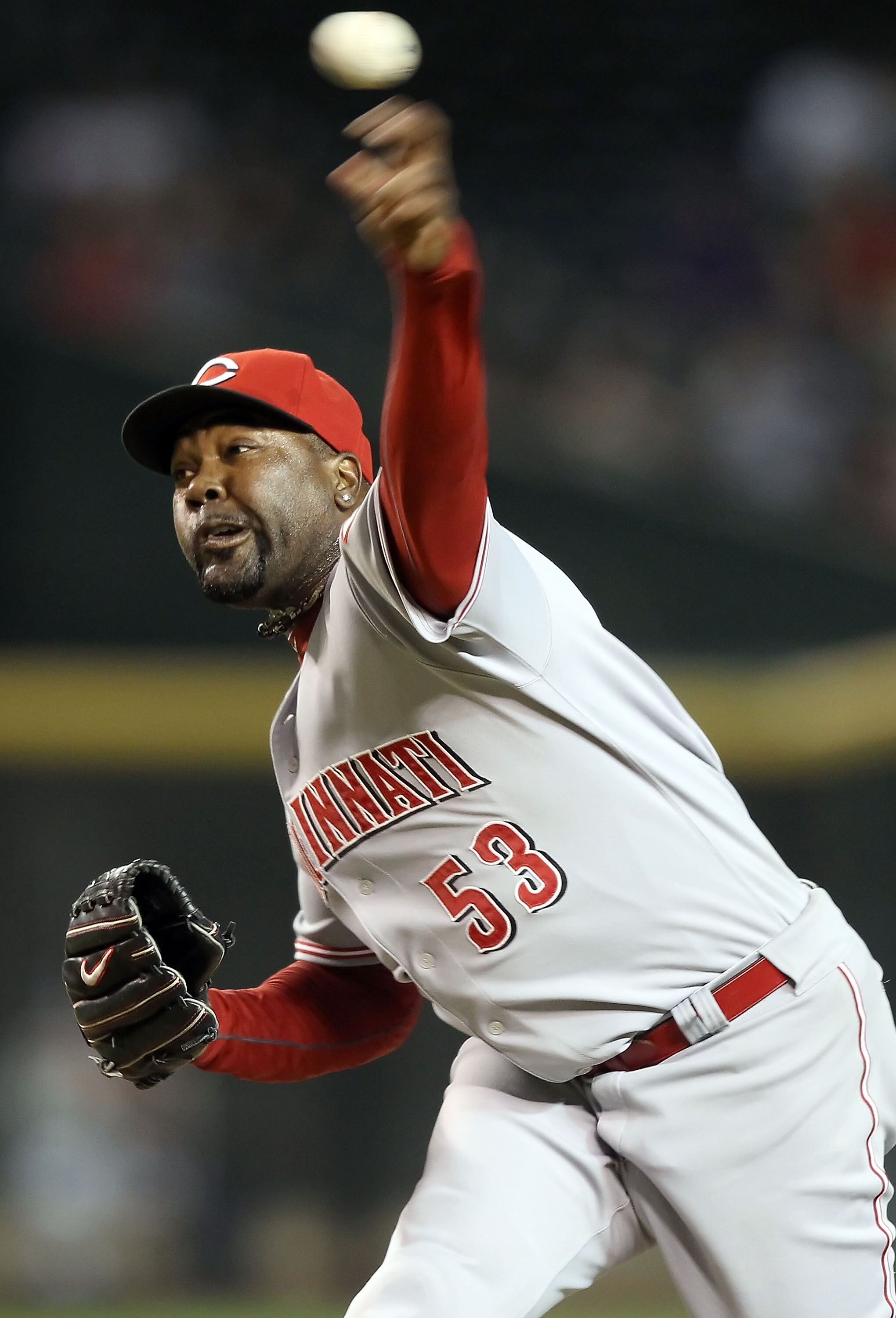 PHOENIX - AUGUST 18:  Relief pitcher Arthur Rhodes #53 of the Cincinnati Reds pitches during the Major League Baseball game against the Arizona Diamondbacks at Chase Field on August 18, 2010 in Phoenix, Arizona.  The Reds defeated the Diamondbacks 11-7.