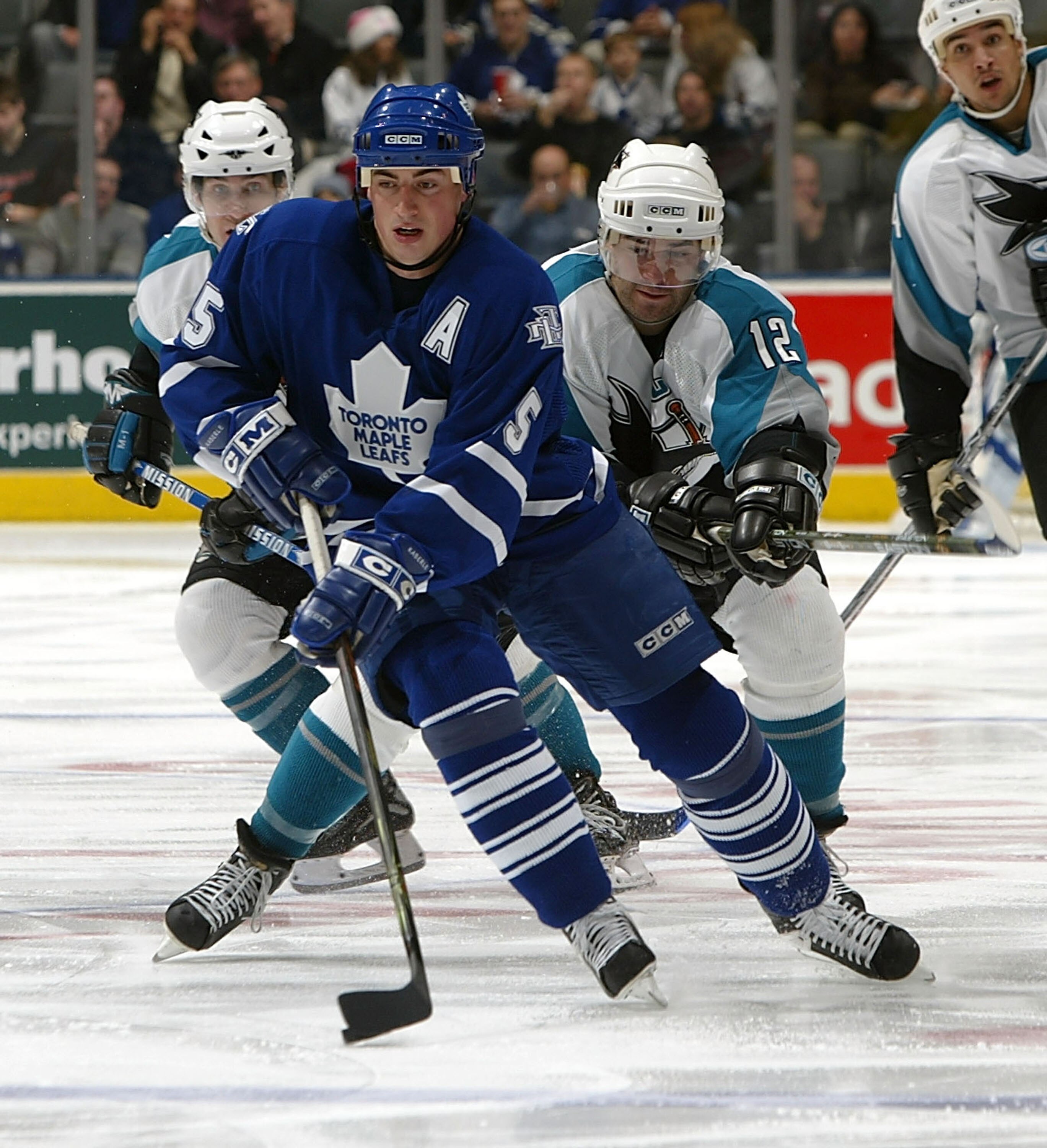 TORONTO - DECEMBER 3:  Alyn McCauley #10 and Patrick Marleau #12 both of the San Jose Sharks skate after Tomas Kaberle #15 of the Toronto Maple Leafs on December 3, 2005 at the Air Canada Centre in Toronto, Ontario, Canada. The Sharks beat the Leafs 5-4.