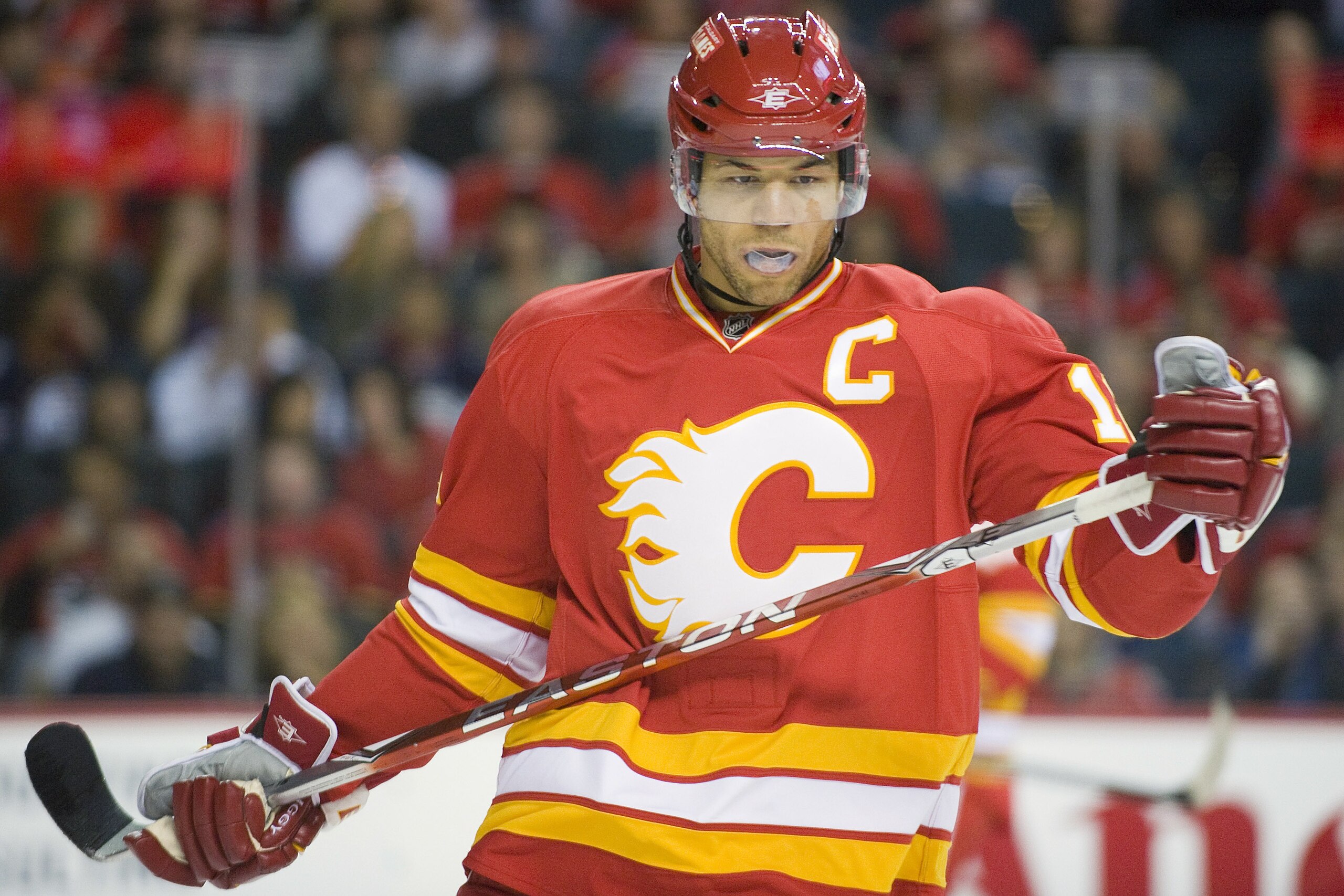 EDMONTON, CANADA - OCTOBER 16: Calgary Flames right wing Jarome Iginla #12 takes a breather during a stoppage against the Edmonton Oilers at the Scotiabank Saddledome on October 16, 2010 in Calgary, Alberta, Canada. The Flames beat the Oilers 5-3. (Ph EDMONTON, CANADA - OCTOBER 16: Calgary Flames right wing Jarome Iginla #12 takes a breather during a stoppage against the Edmonton Oilers at the Scotiabank Saddledome on October 16, 2010 in Calgary, Alberta, Canada. The Flames beat the Oilers 5-3. (Ph