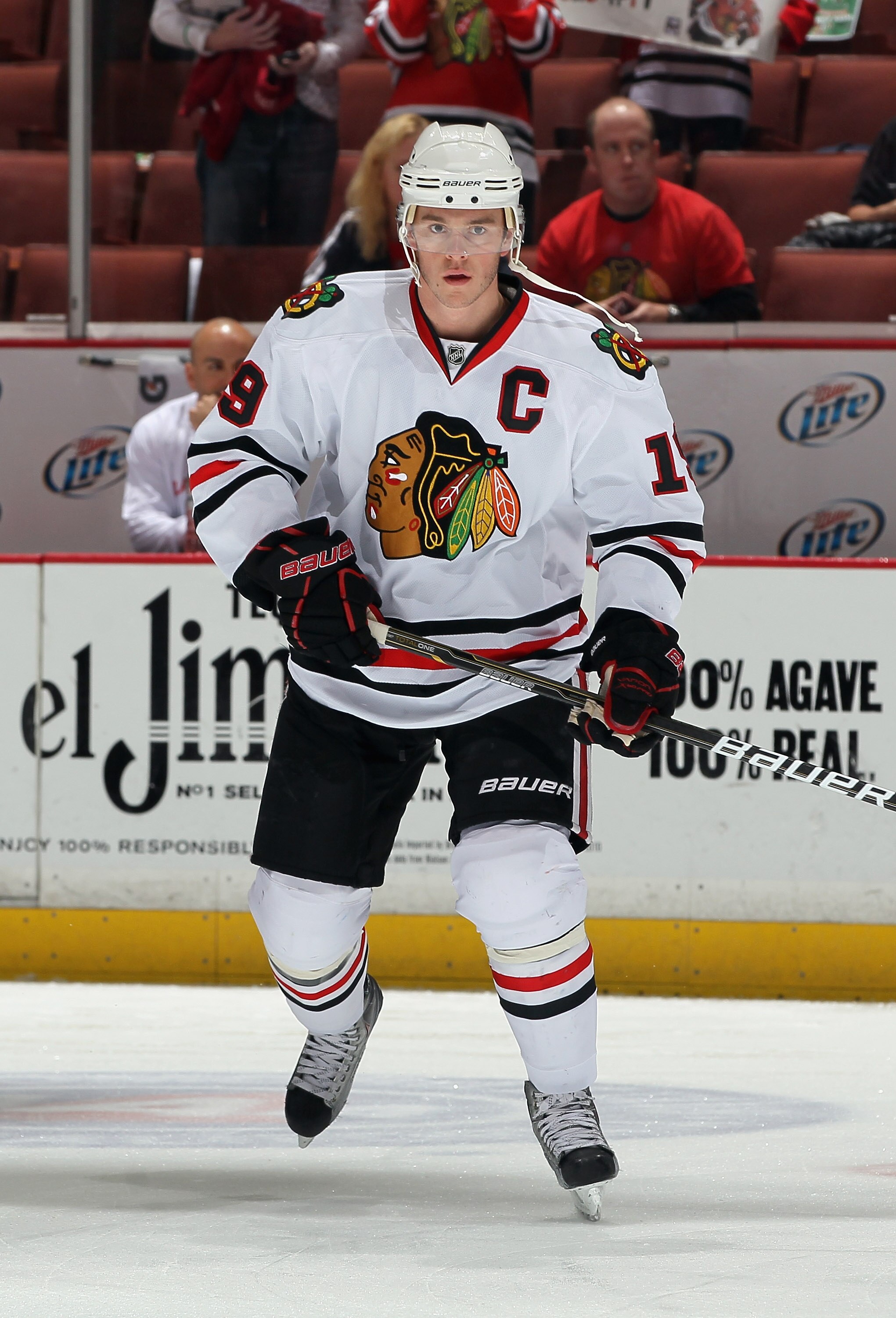 ANAHEIM, CA - NOVEMBER 26:  Jonathan Toews #19 of the Chicago Blackhawks skates prior to the start of the game against the Anaheim Ducks at the Honda Center on November 26, 2010 in Anaheim, California.  (Photo by Jeff Gross/Getty Images)