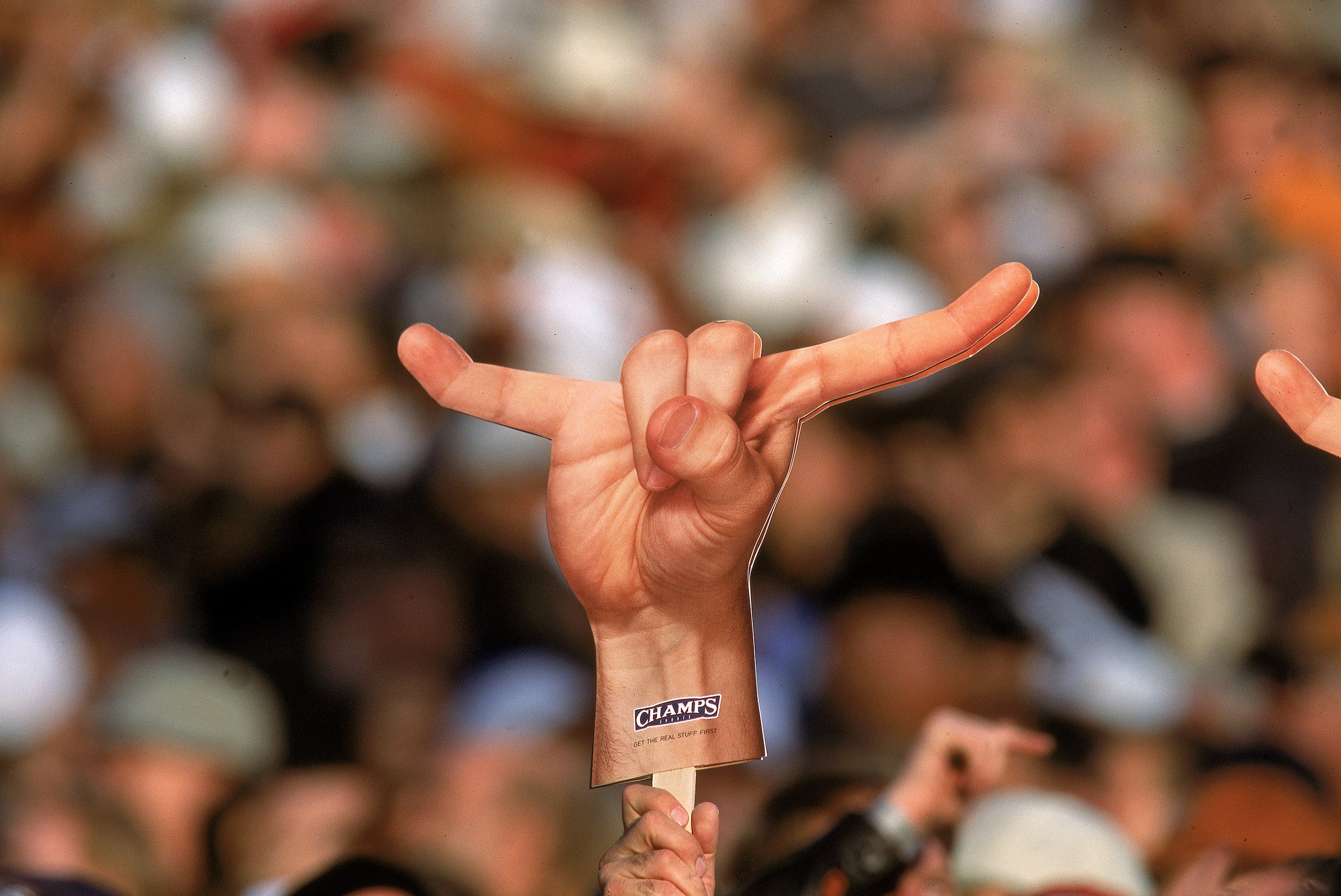 24 Nov 2000:  A view of the Texas Longhorns fans as they hold up longhorn signs during the game against the Texas A&M Aggies at the Royal Memorial Stadium in Austin, Texas. The Longhorns defeated the Aggies 43-17.Mandatory Credit: Brian Bahr  /Allsport