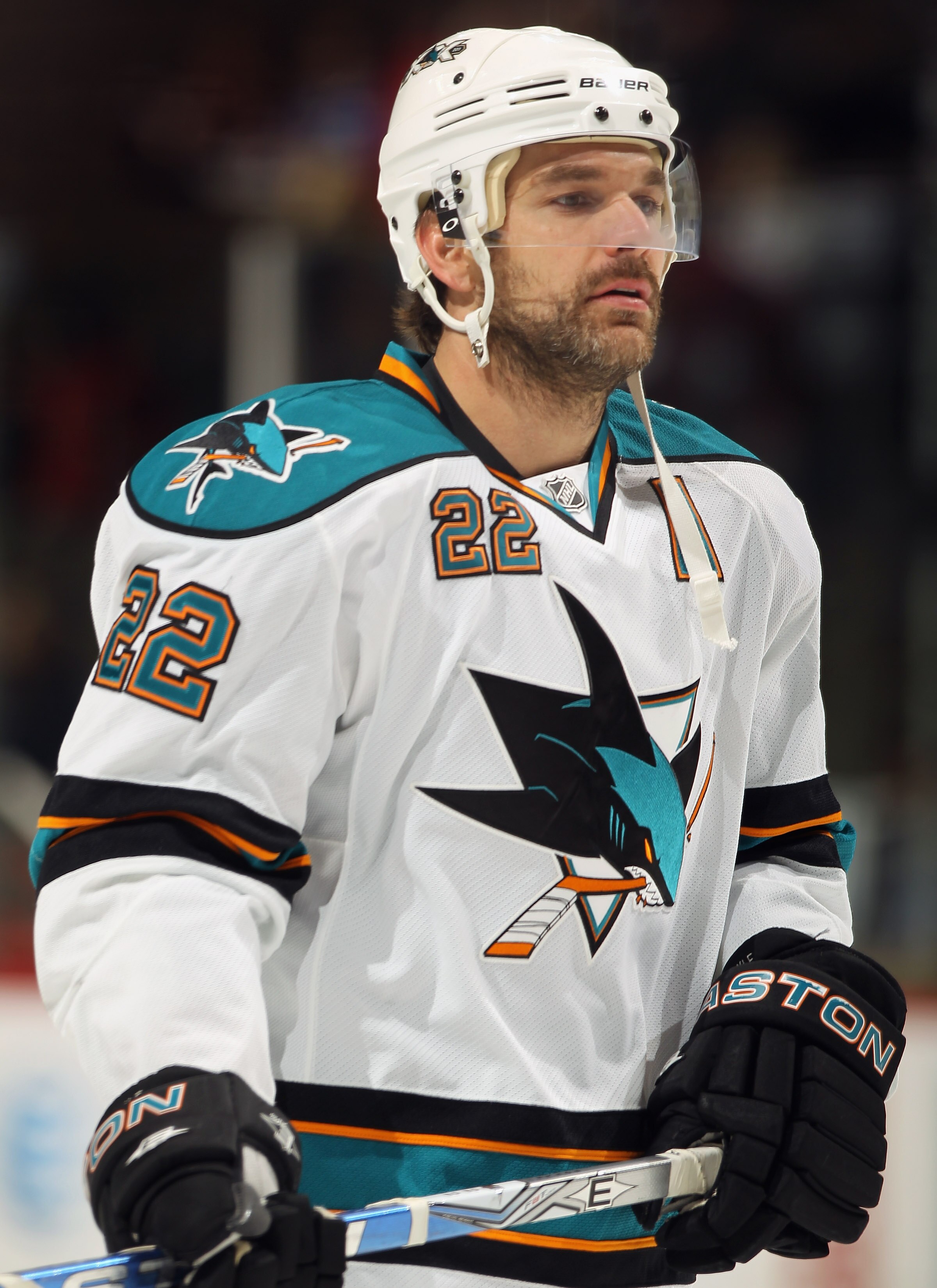 DENVER - NOVEMBER 17:  Dan Boyle #22 of the San Jose Sharks warms up prior to facing the Colorado Avalanche at the Pepsi Center on November 17, 2010 in Denver, Colorado. The Avalanche defeated the Sharks 4-3 in overtime.  (Photo by Doug Pensinger/Getty Im