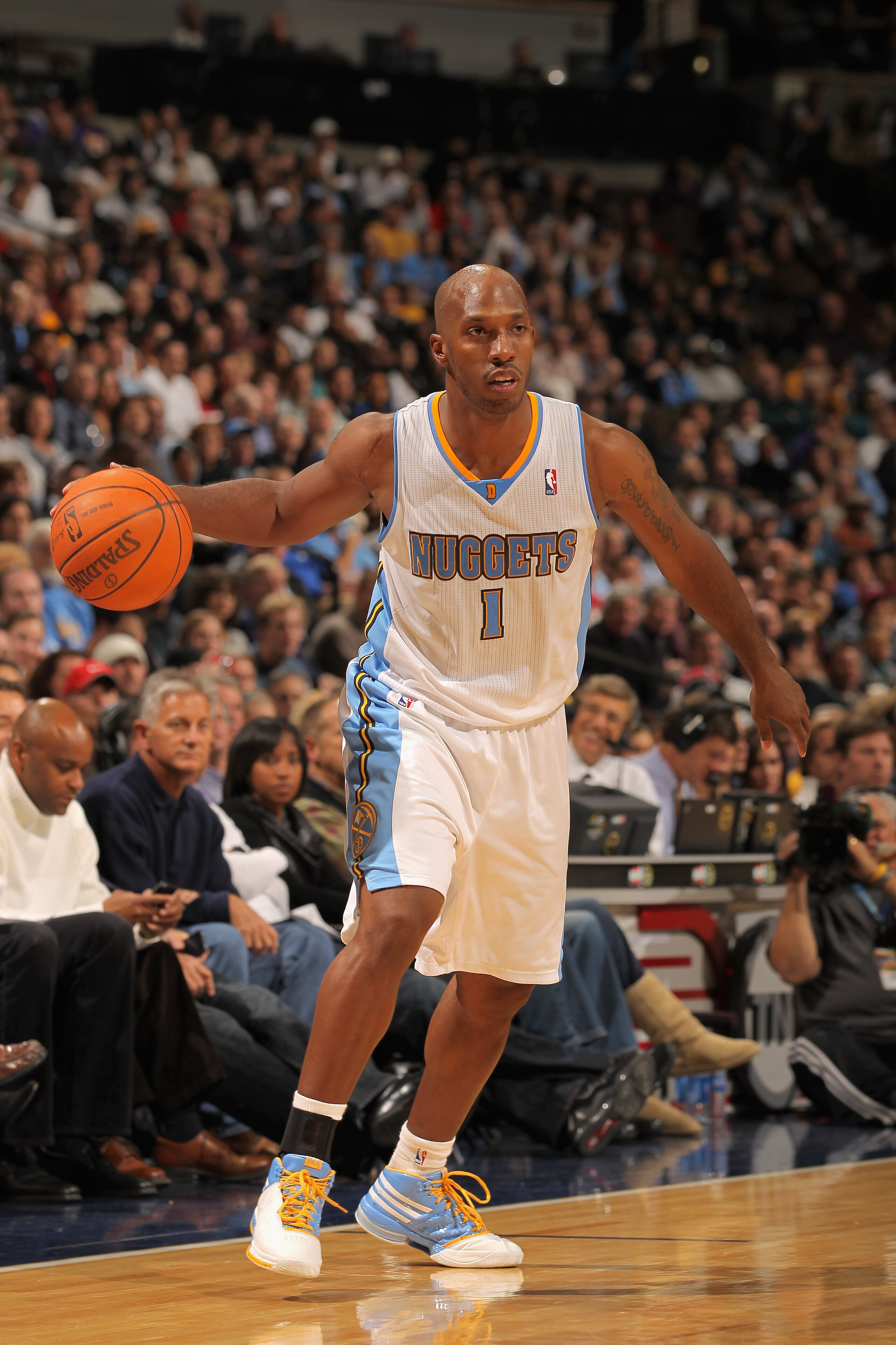 DENVER - NOVEMBER 11:  Chauncey Billups #1 of the Denver Nuggets dribbles the ball against the Los Angeles Lakers at the Pepsi Center on November 11, 2010 in Denver, Colorado. The Nuggets defeated the Lakers 118-112.  NOTE TO USER: User expressly acknowle