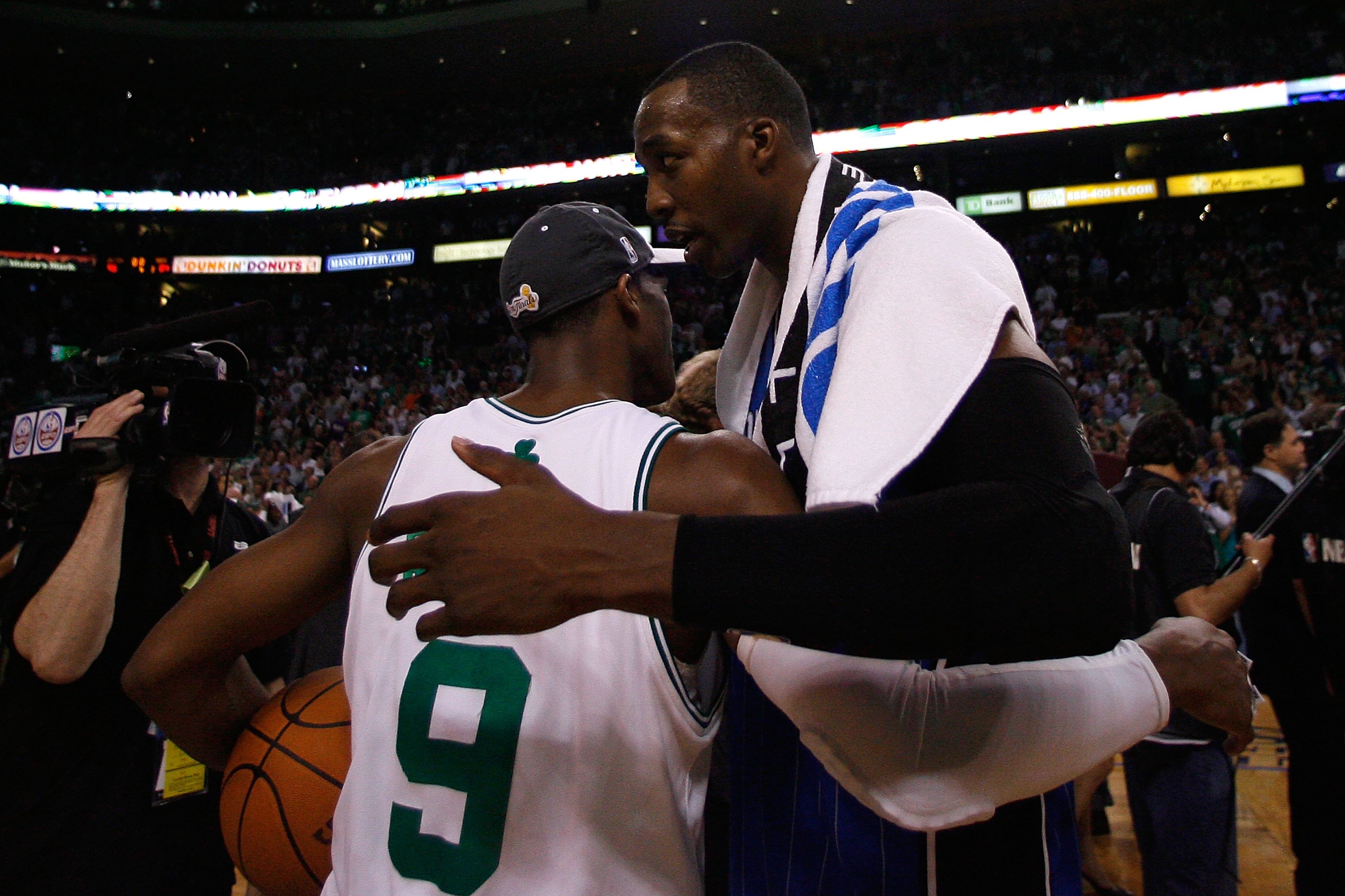 BOSTON - MAY 28:  Dwight Howard #12 of the Orlando Magic congratulates Rajon Rondo #9 of the Boston Celtics after the Celtics won 96-84 in Game Six of the Eastern Conference Finals during the 2010 NBA Playoffs at TD Garden on May 28, 2010 in Boston, Massa