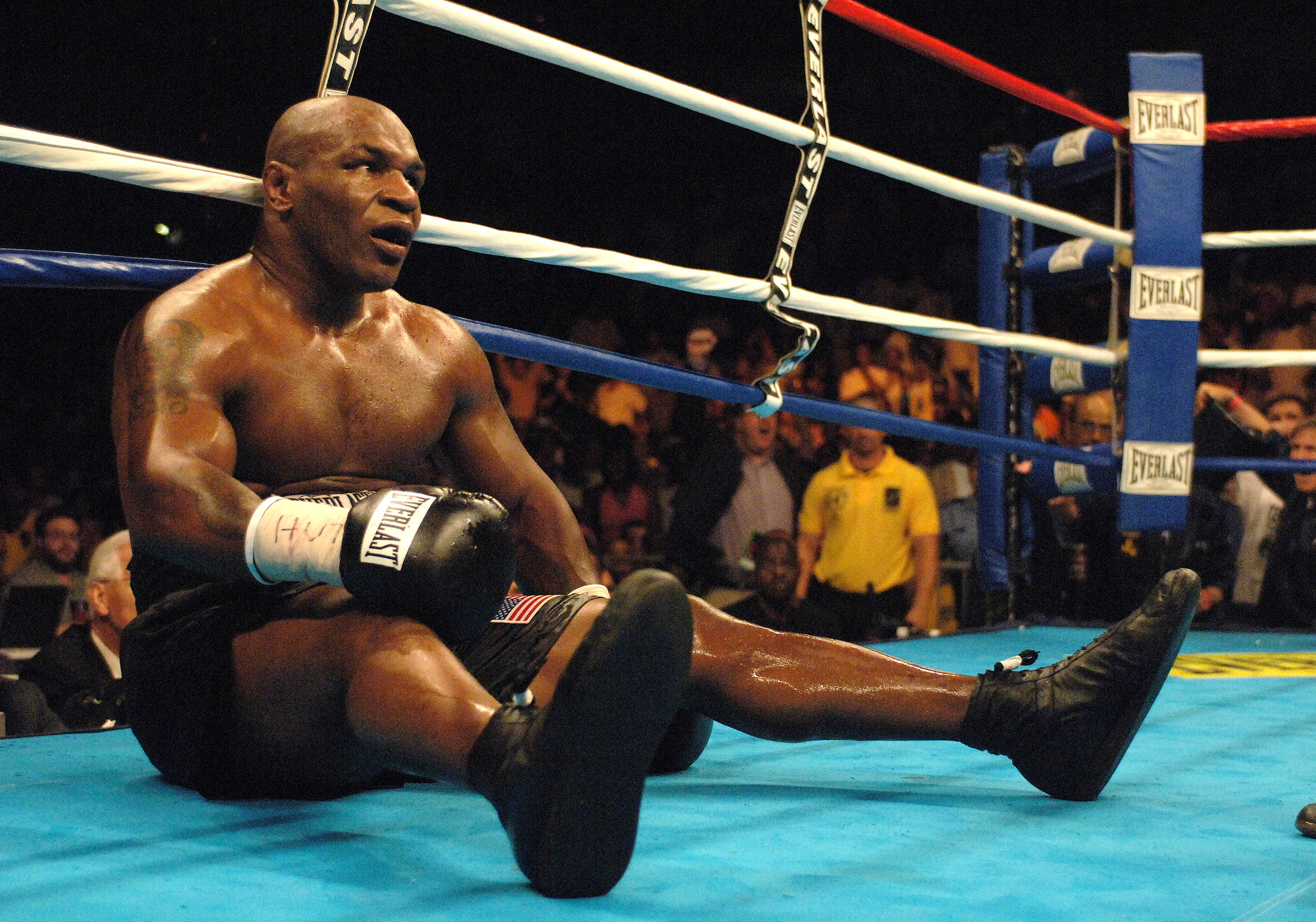 WASHINGTON - JUNE 11:  Mike Tyson hits the canvas after being knocked down by Kevin McBride during their heavyweight bout at the MCI Center June 11, 2005 in Washington, DC. Kevin McBride won by TKO at the end of the 6th round.  (Photo by Mitchell Layton/G