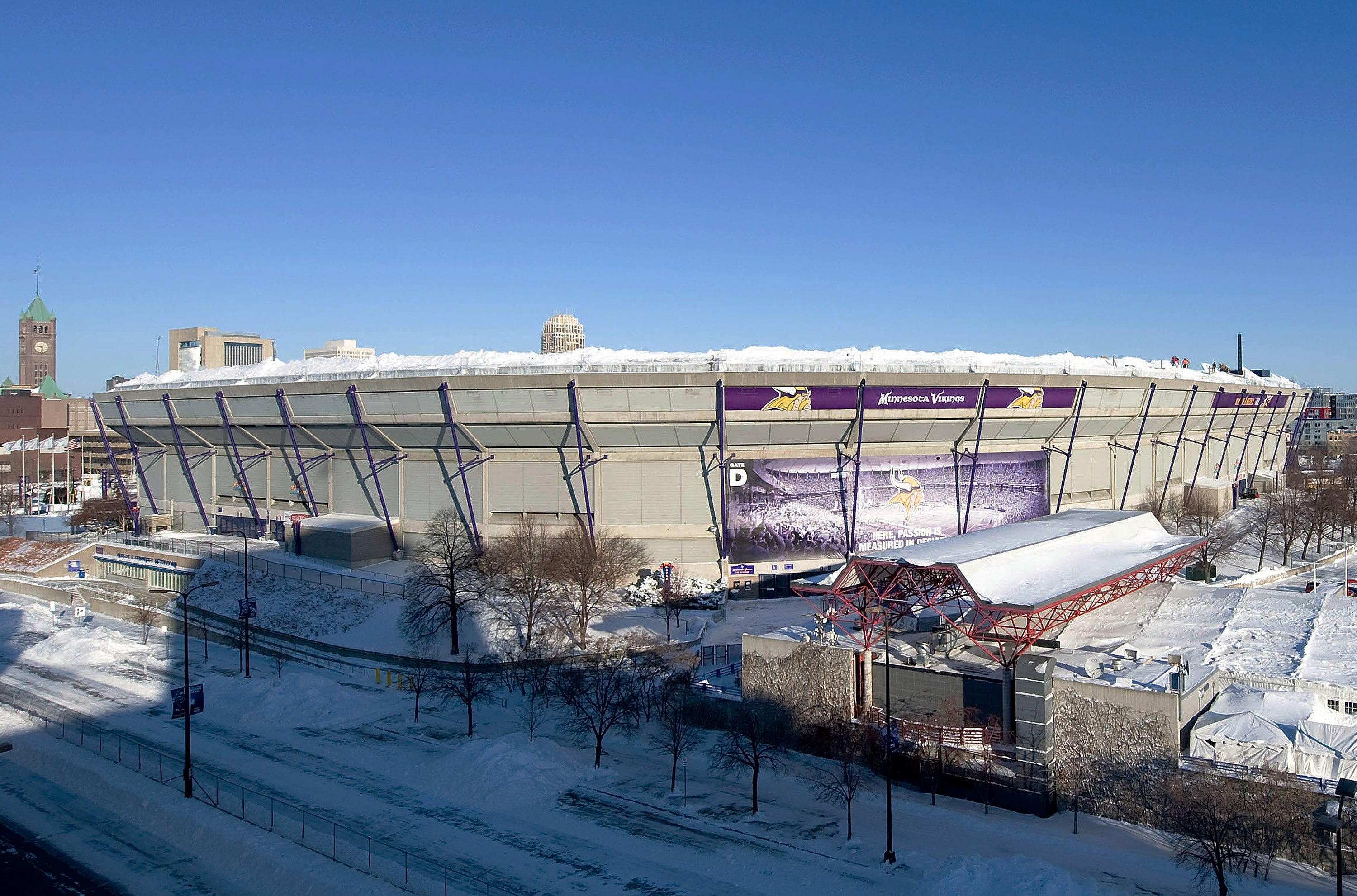 MINNEAPOLIS, MN - DECEMBER 12:  Snow surrounds the Hubert H. Humphrey Metrodome, Mall of America Stadium where the inflatable roof collapsed under the weight of snow during a storm Sunday morning December 12, 2010 in Minneapolis, Minnesota. A blizzard dum