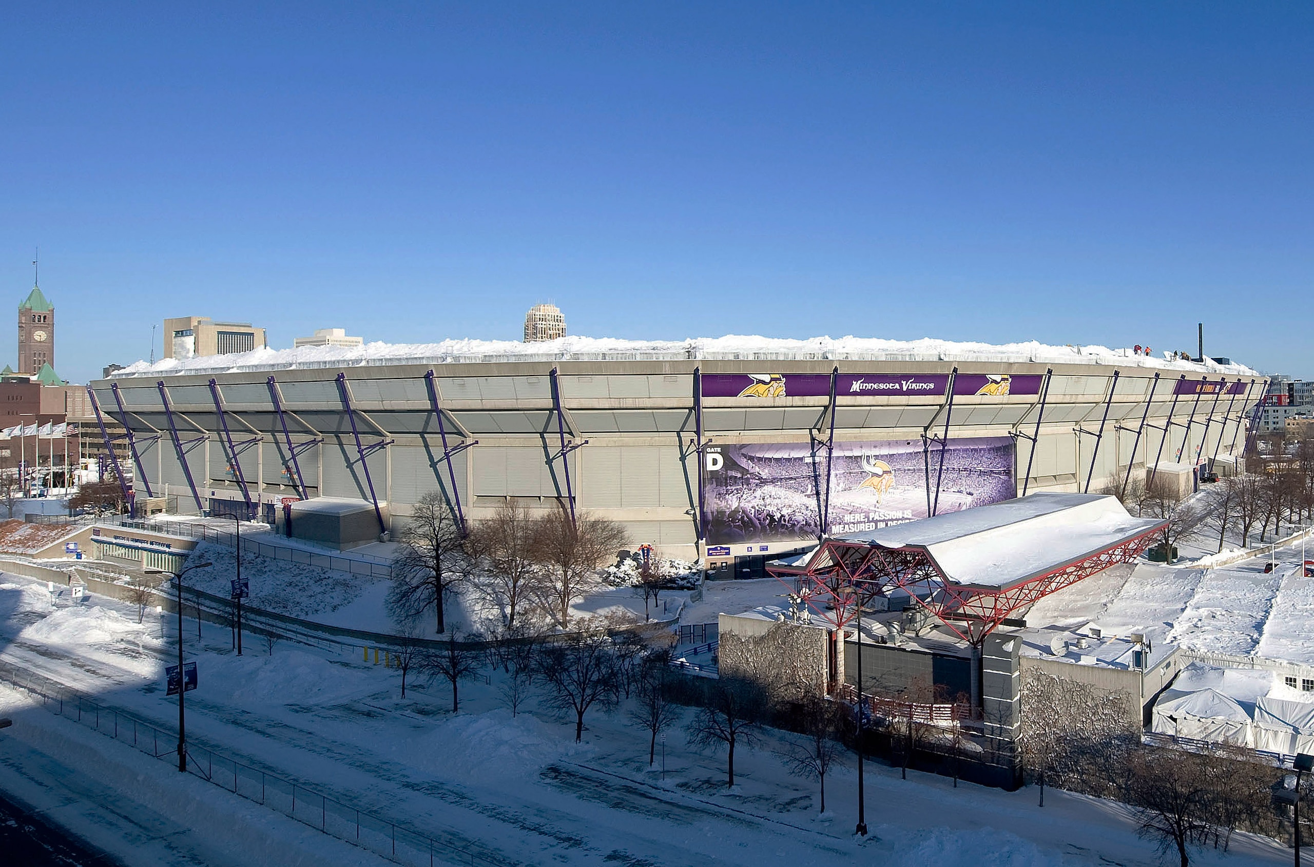 MINNEAPOLIS, MN - DECEMBER 12:  Snow surrounds the Hubert H. Humphrey Metrodome, Mall of America Stadium where the inflatable roof collapsed under the weight of snow during a storm Sunday morning December 12, 2010 in Minneapolis, Minnesota. A blizzard dum