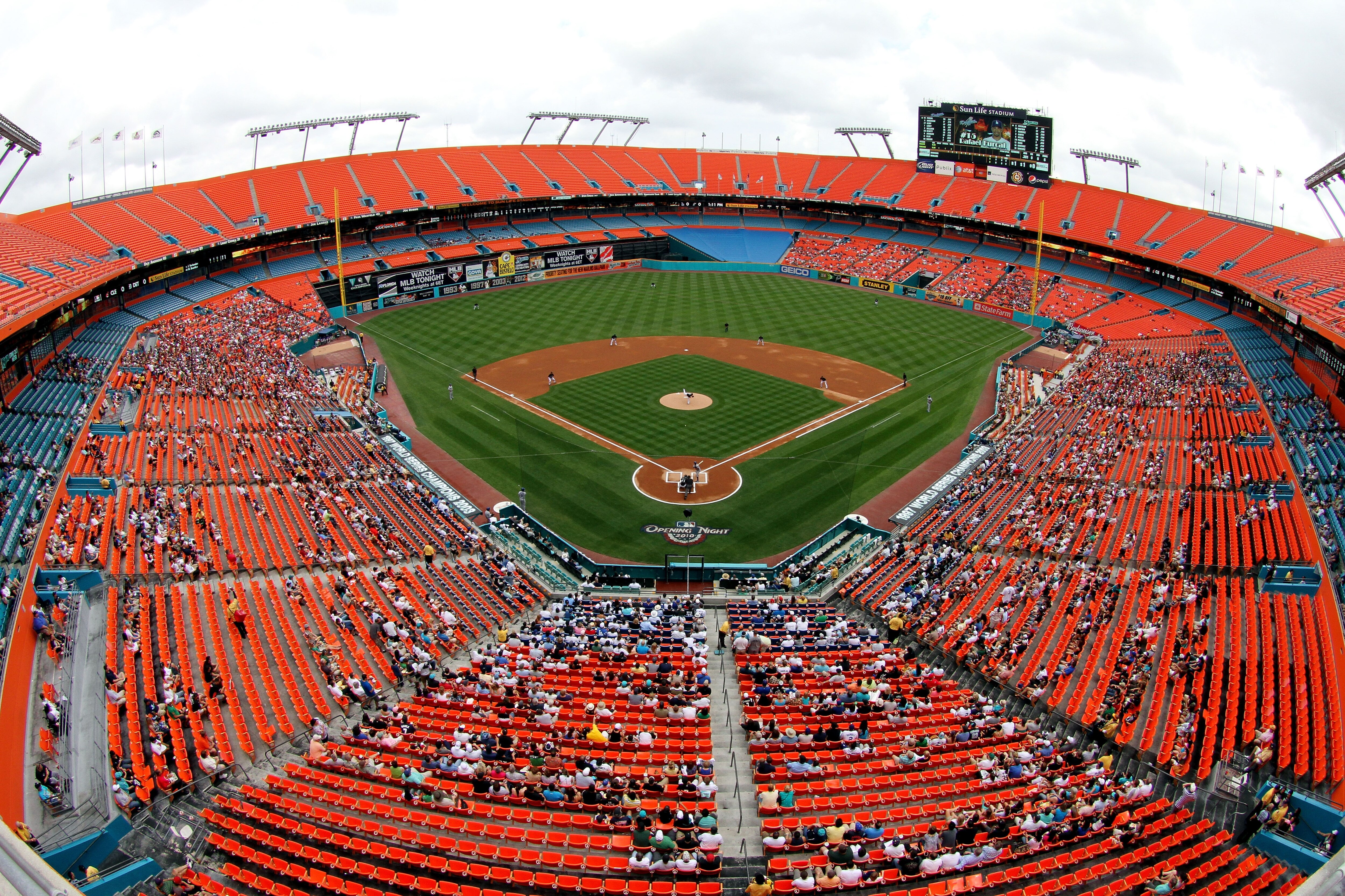 MIAMI - APRIL 11:  A view from high in the stadium in the first inning as the Los Angeles Dodgers take on the Florida Marlins at Sun Life Stadium on April 11, 2010 in Miami, Florida. The Marlins defeated the Dodgers 6-5.  (Photo by Doug Benc/Getty Images)