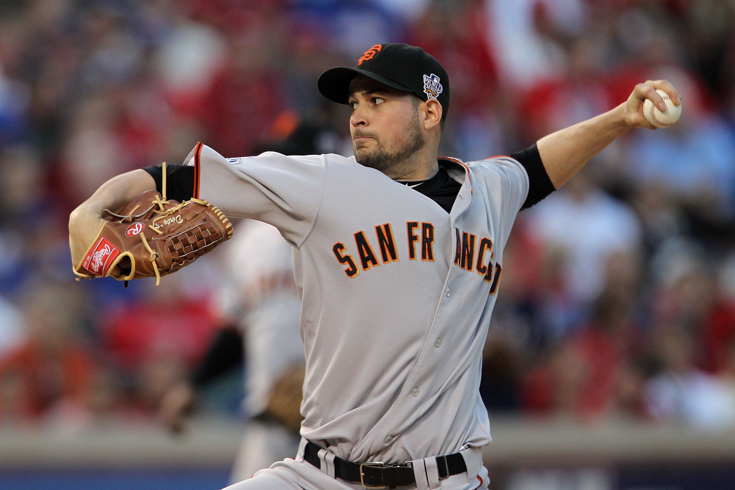 ARLINGTON, TX - OCTOBER 30:  Starting pitcher Jonathan Sanchez #57 of the San Francisco Giants pitches against the Texas Rangers in Game Three of the 2010 MLB World Series at Rangers Ballpark in Arlington on October 30, 2010 in Arlington, Texas.  (Photo b