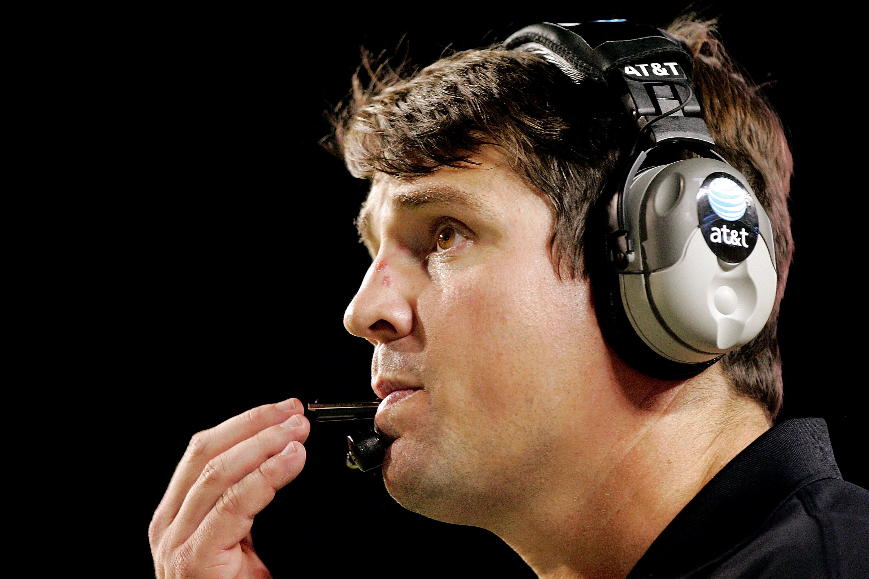 AUSTIN, TX - OCTOBER 18: Defensive coordinator Will Muschamp of the Texas Longhorns works from the sideline against the Missouri Tigers in the fourth quarter on October 18, 2008 at Darrell K Royal-Texas Memorial Stadium in Austin, Texas. Texas won 56-31.