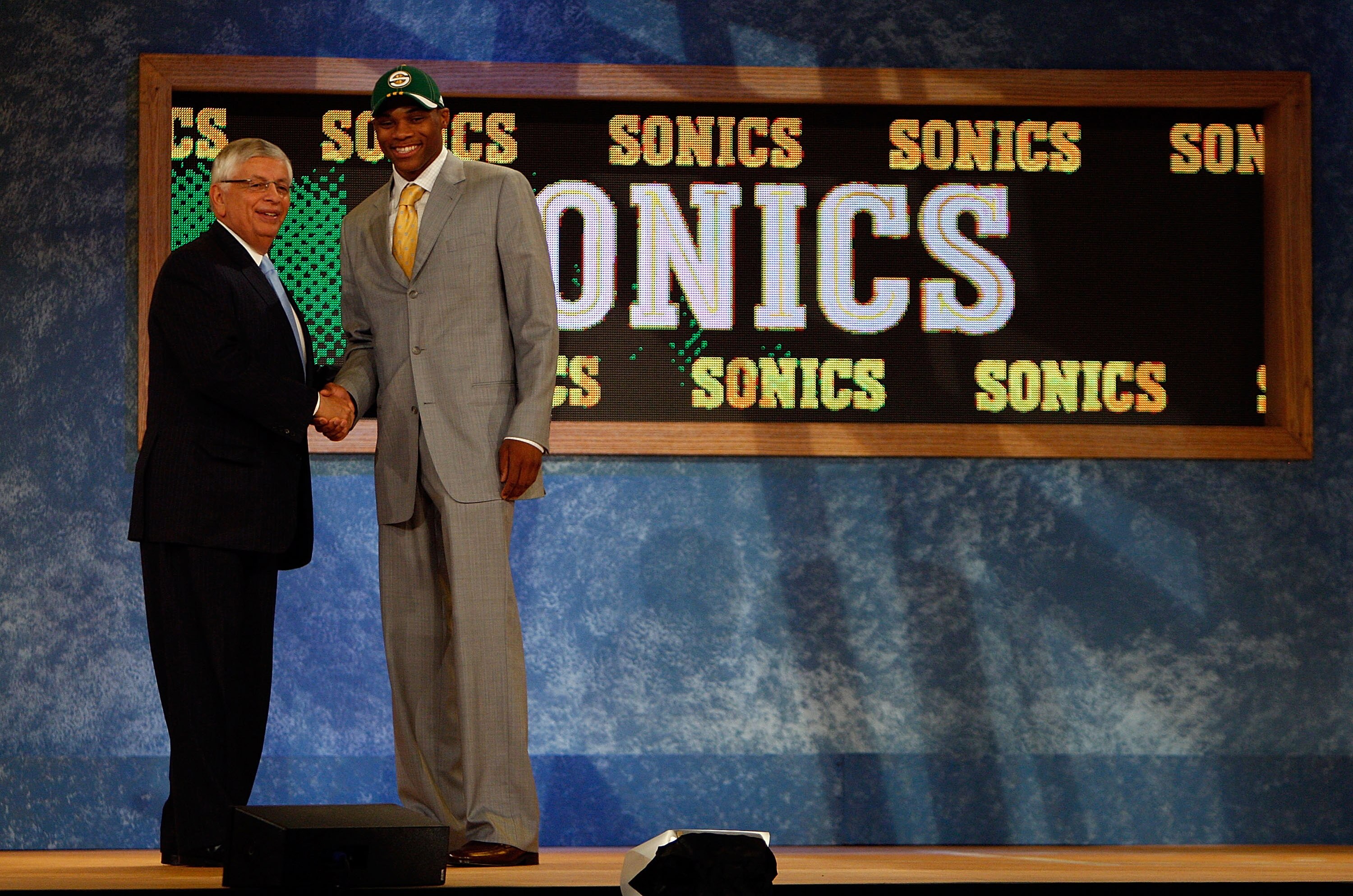 NEW YORK - JUNE 26:  NBA Commissioner David Stern shakes hands with number four draft pick for the Seattle SuperSonics, Russell Westbrook during the 2008 NBA Draft at the Wamu Theatre at Madison Square Garden June 26, 2008 in New York City. NOTE TO USER: