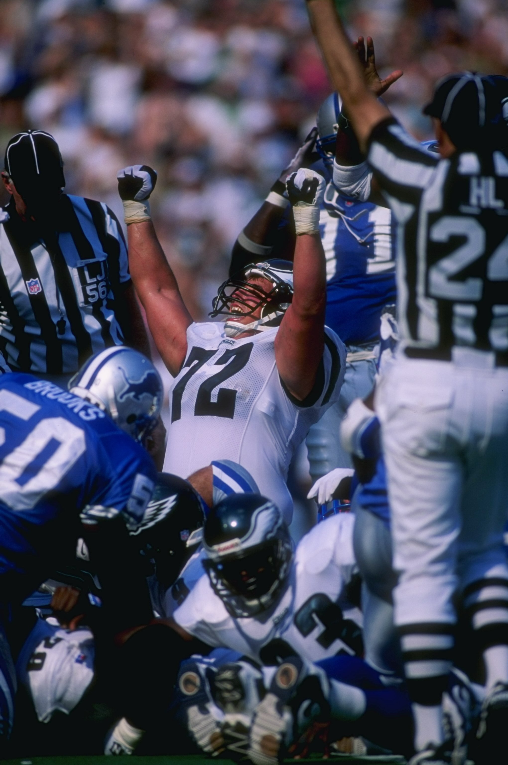 15 Sep 1996:  Joe Panos #72 of the Philadelphia Eagles celebrates during the Eagles 24-10 victory over the Detroit Lions at Veterans Stadium in Philadelphia, Pennsylvania. Mandatory Credit: Doug Pensinger  /Allsport