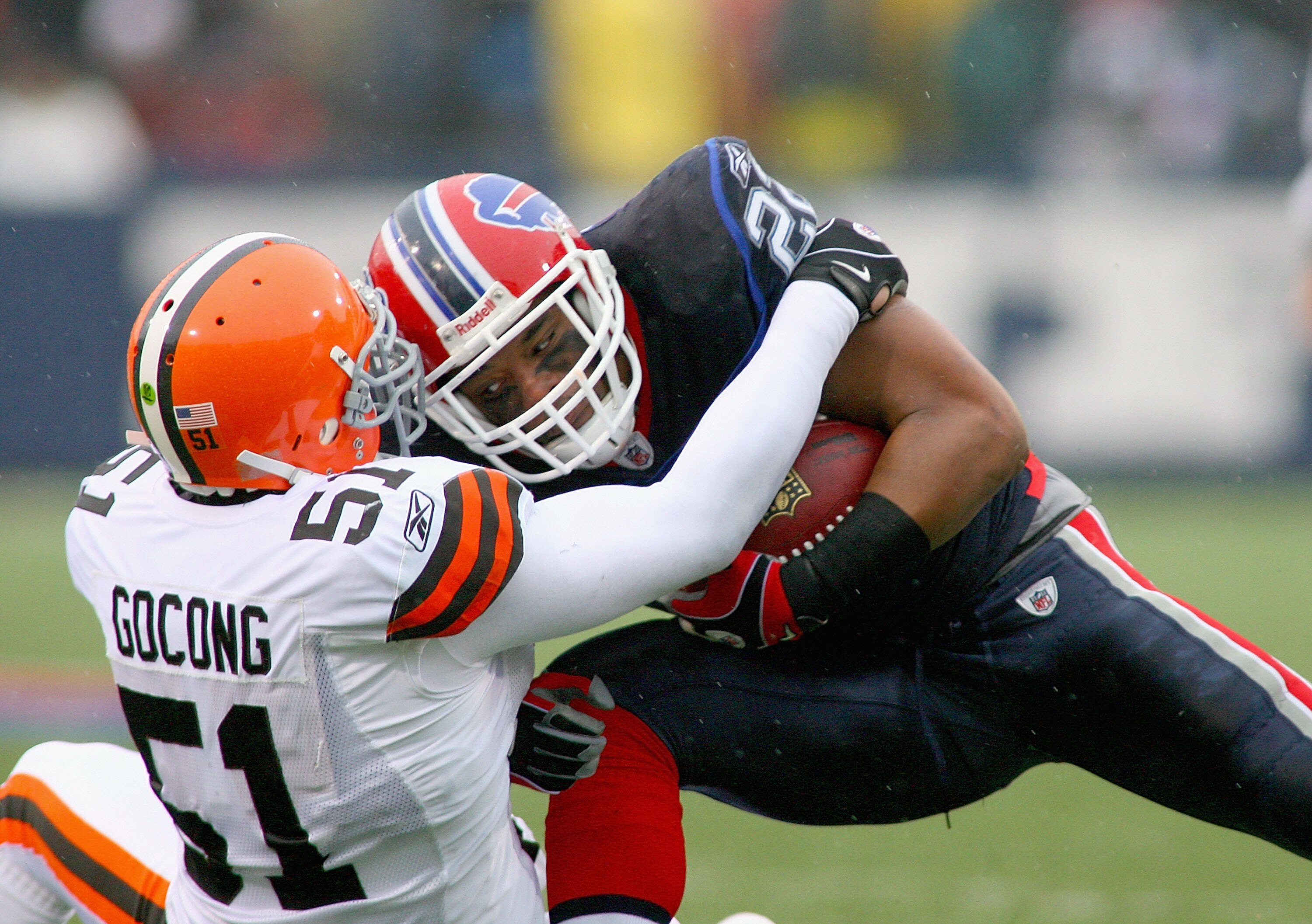 ORCHARD PARK, NY - DECEMBER 12: Fred Jackson #22 of the Buffalo Bills is tackled by Chris Gocong #51 of the Cleveland Browns at Ralph Wilson Stadium on December 12, 2010 in Orchard Park, New York. Buffalo won 13-6. (Photo by Rick Stewart/Getty Images)