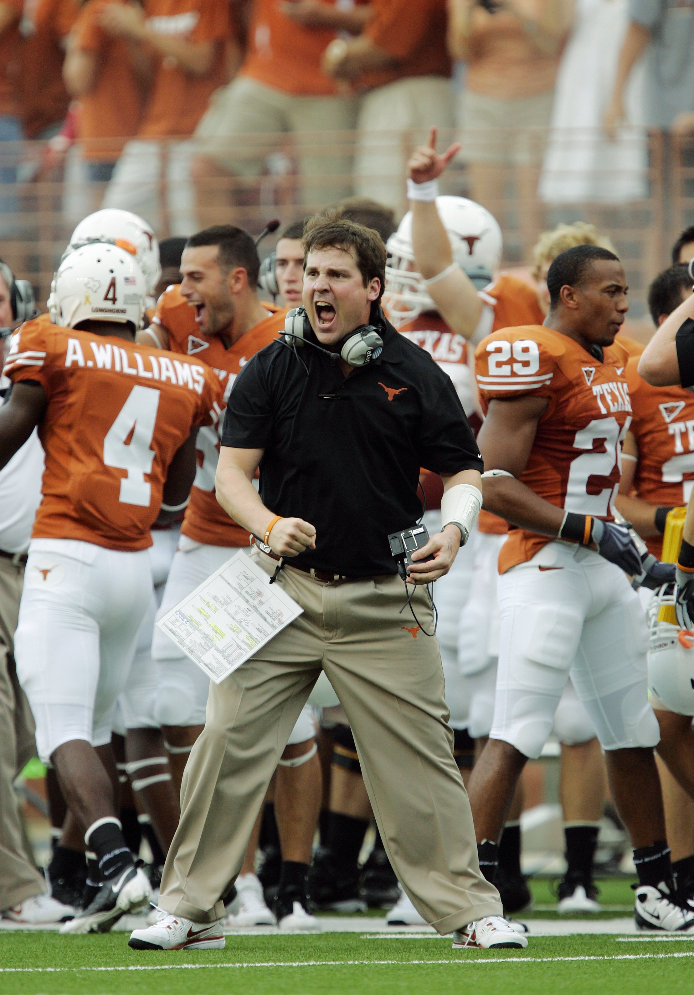 AUSTIN, TX - SEPTEMBER 5:  Defensive coordinator Will Muschamp of the Texas Longhorns reacts after a turnover by the Louisiana Monroe Warhawks in the first quarter of their game on September 5, 2009 at Darrell K Royal-Texas Memorial Stadium in Austin, Tex