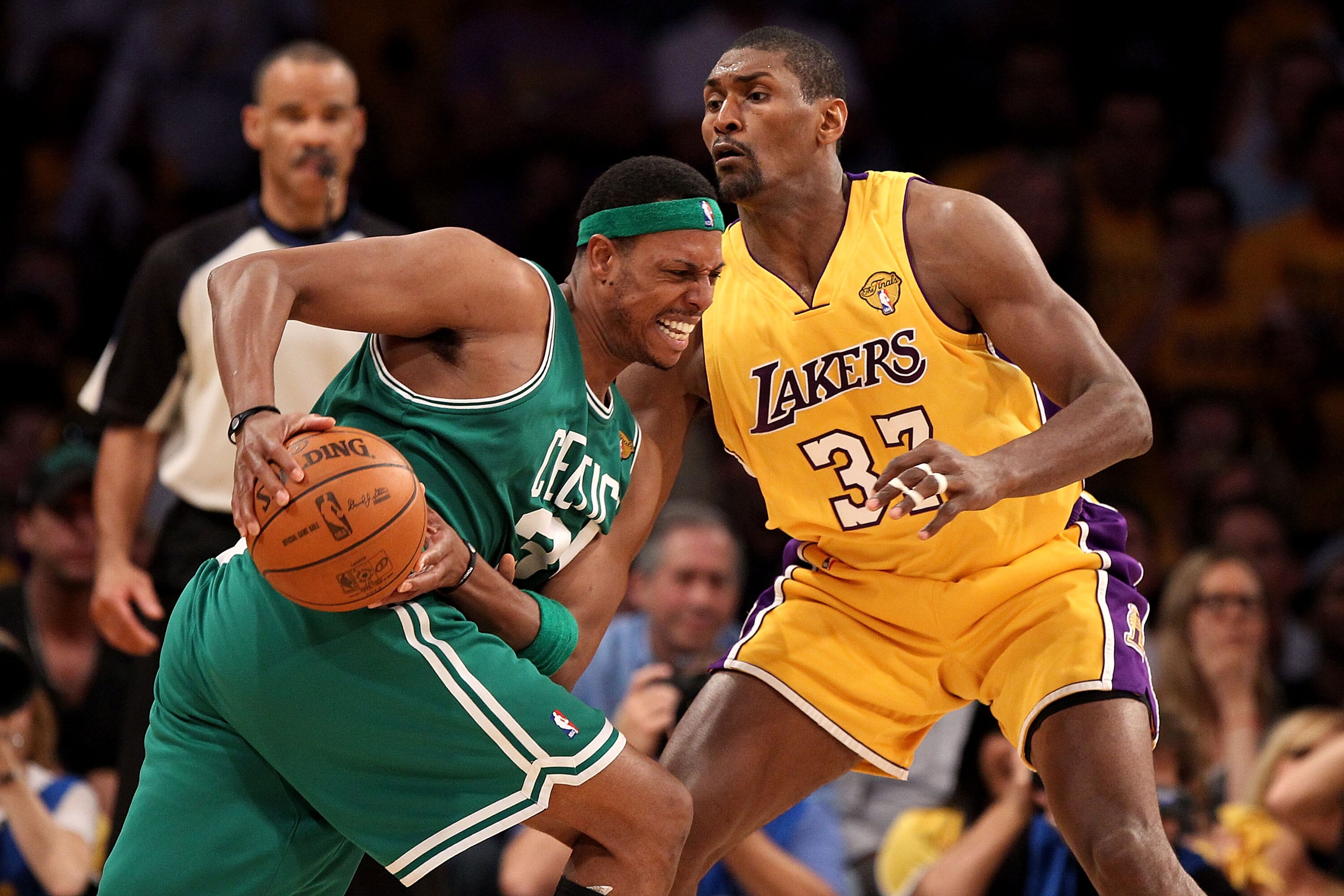 LOS ANGELES, CA - JUNE 17:  Paul Pierce #34 of the Boston Celtics goes up against Ron Artest #37 of the Los Angeles Lakers in Game Seven of the 2010 NBA Finals at Staples Center on June 17, 2010 in Los Angeles, California.  NOTE TO USER: User expressly ac
