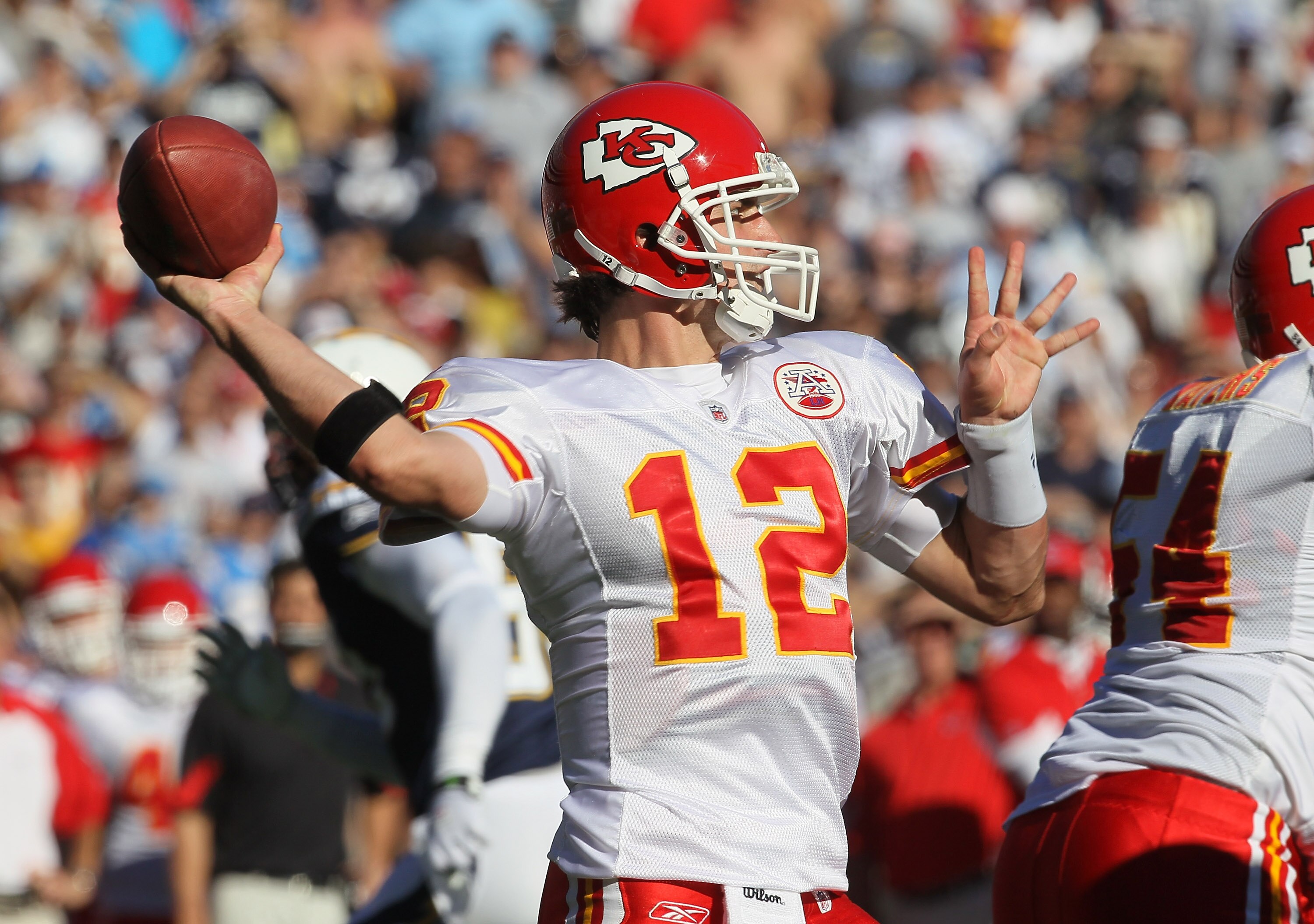 SAN DIEGO - DECEMBER 12:  Quarterback Brodie Croyle #12 of the Kansas City Chiefs throws a pass against the San Diego Chargers at Qualcomm Stadium on December 12, 2010 in San Diego, California.  (Photo by Stephen Dunn/Getty Images)