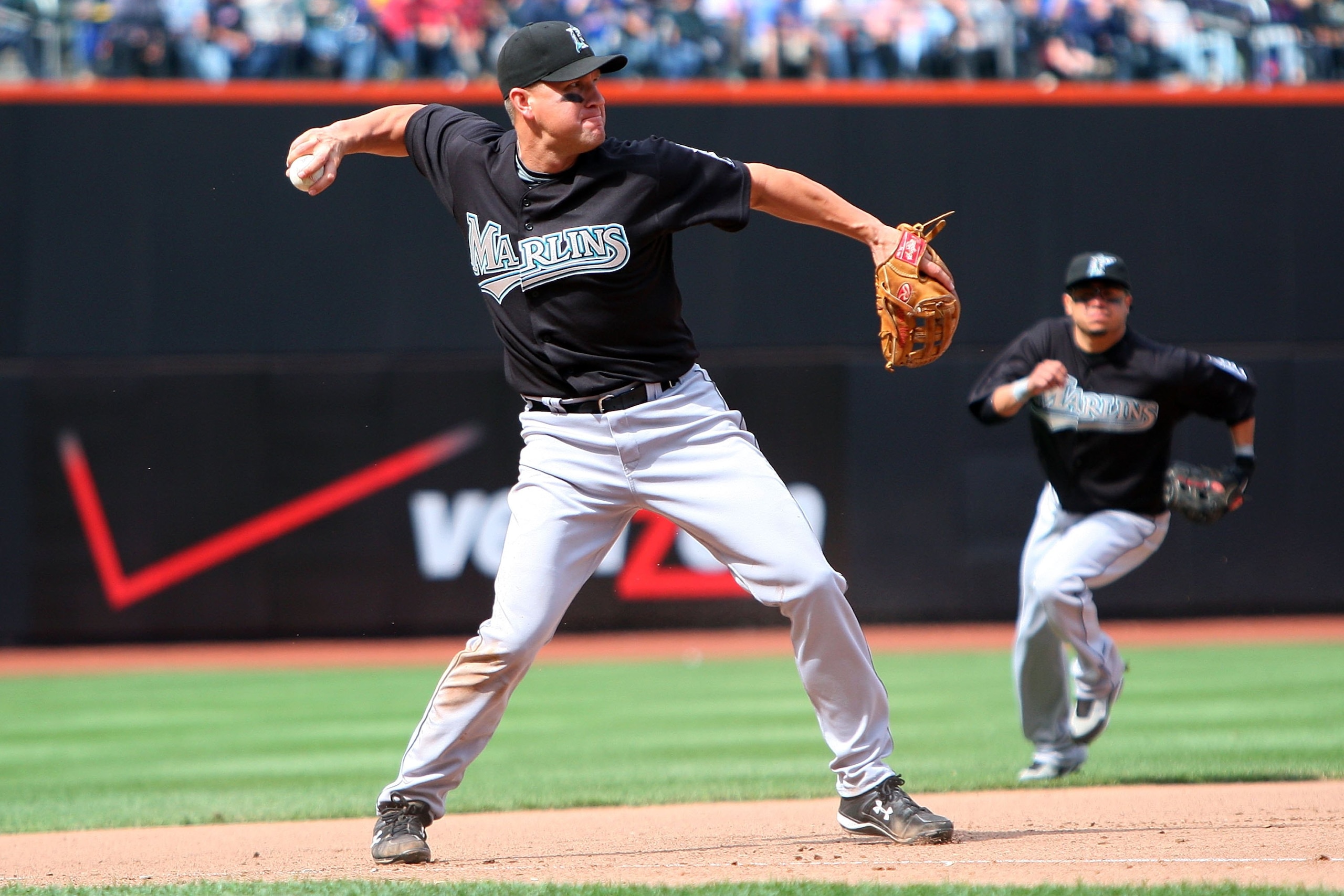 NEW YORK - APRIL 29:  Wes Helms #18 of the Florida Marlins throws to first for an out against the New York Mets on April 29, 2009 at Citi Field in the Flushing neighborhood of the Queens borough of New York City. The Marlins defeated the Mets 4-3.  (Photo