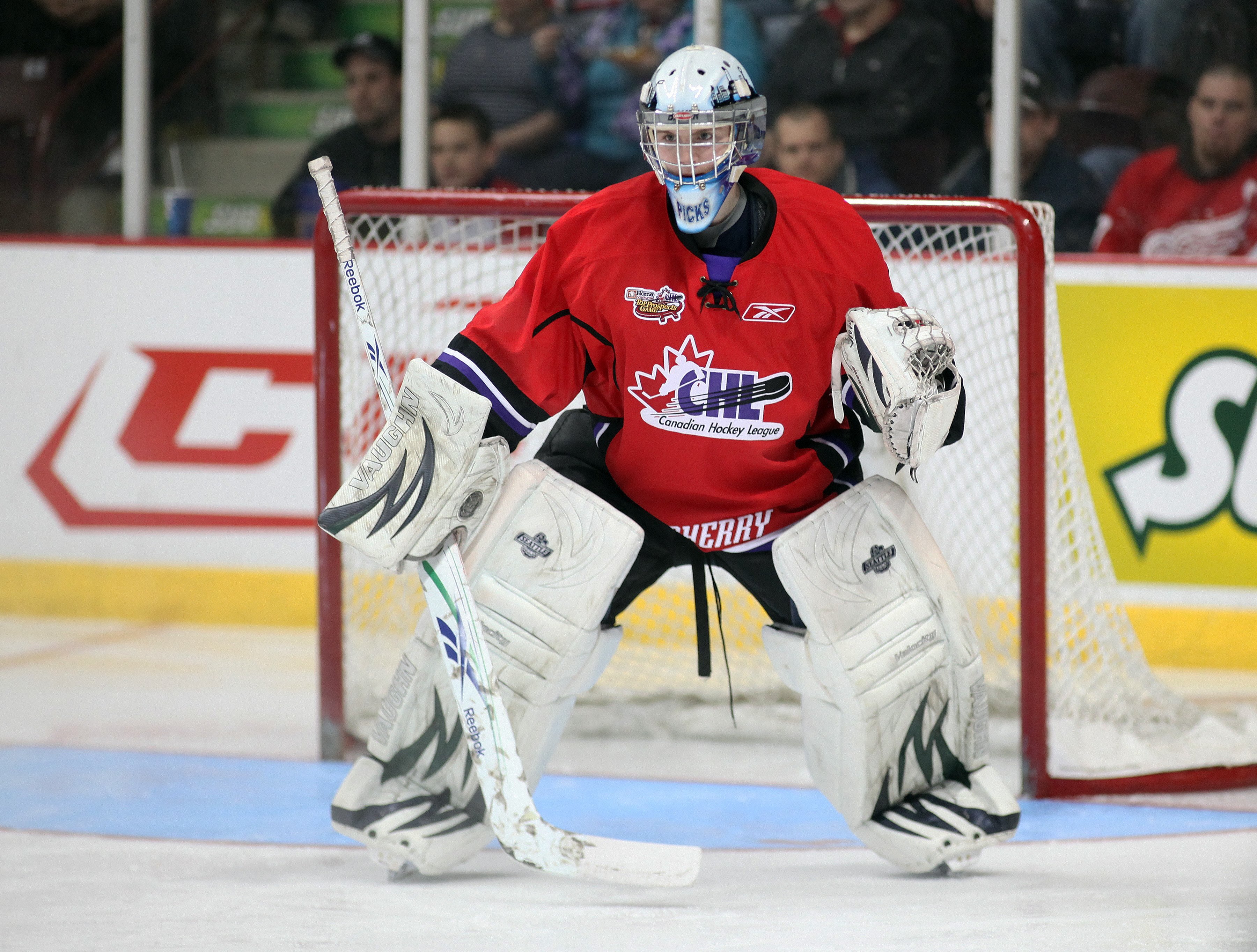 WINDSOR, ON - JANUARY 20:  Calvin Pickard #1 of Team Cherry waits for a shot during the Home Hardware CHL/NHL Top Prospects game against Team Orr on January 20, 2010 at the WFCU Centre in Windsor, Ontario. Team Cherry defeated Team Orr 4-2. (Photo by Clau
