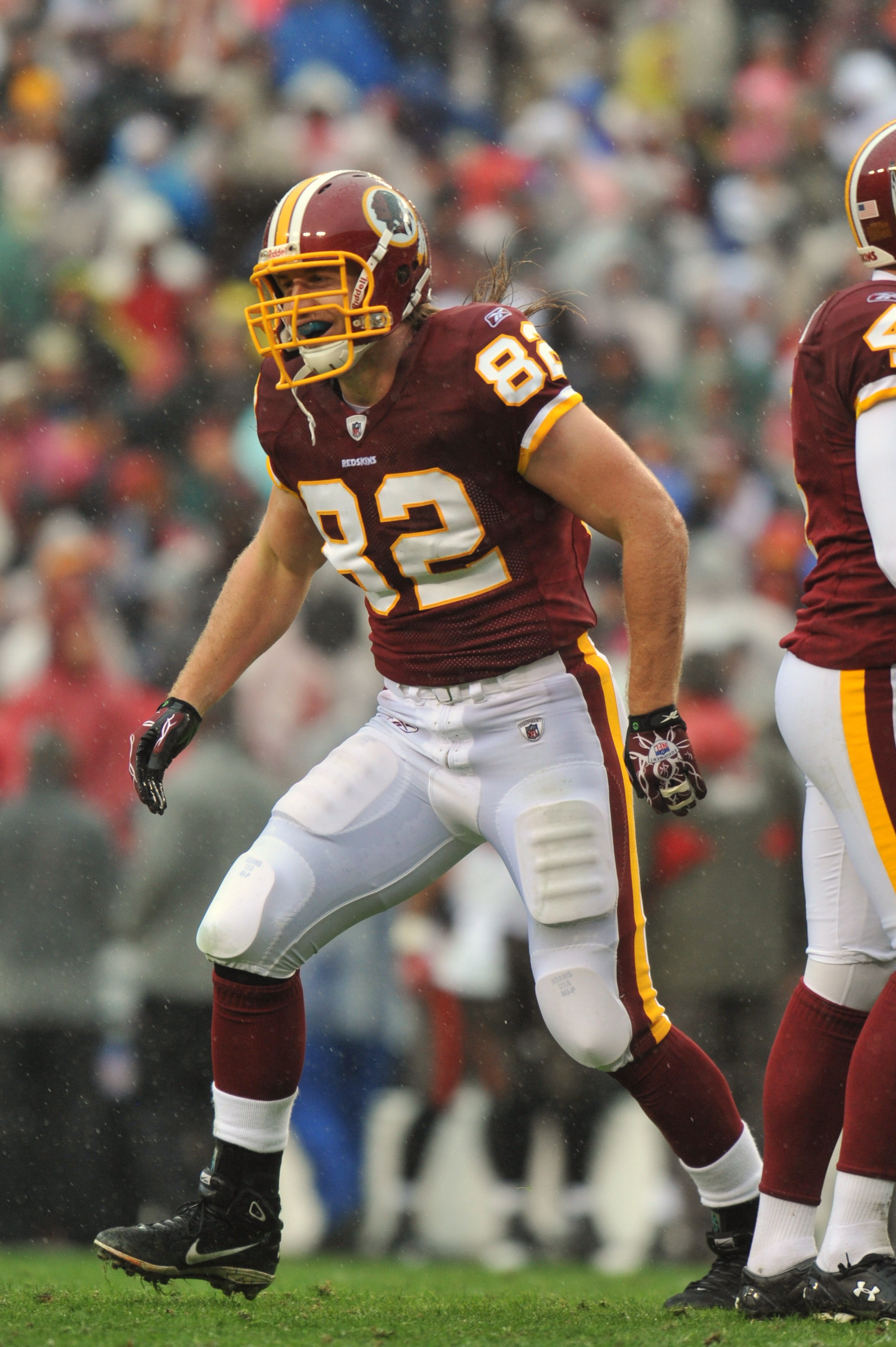 LANDOVER, MD - DECEMBER 12:  Logan Paulsen #82 of the Washington Redskins celebrates a touchdown against the Tampa Bay Buccaneers  at FedExField on December 12, 2010 in Landover, Maryland. The Redskins lead the Buccaneers at the half 10-3. (Photo by Larry