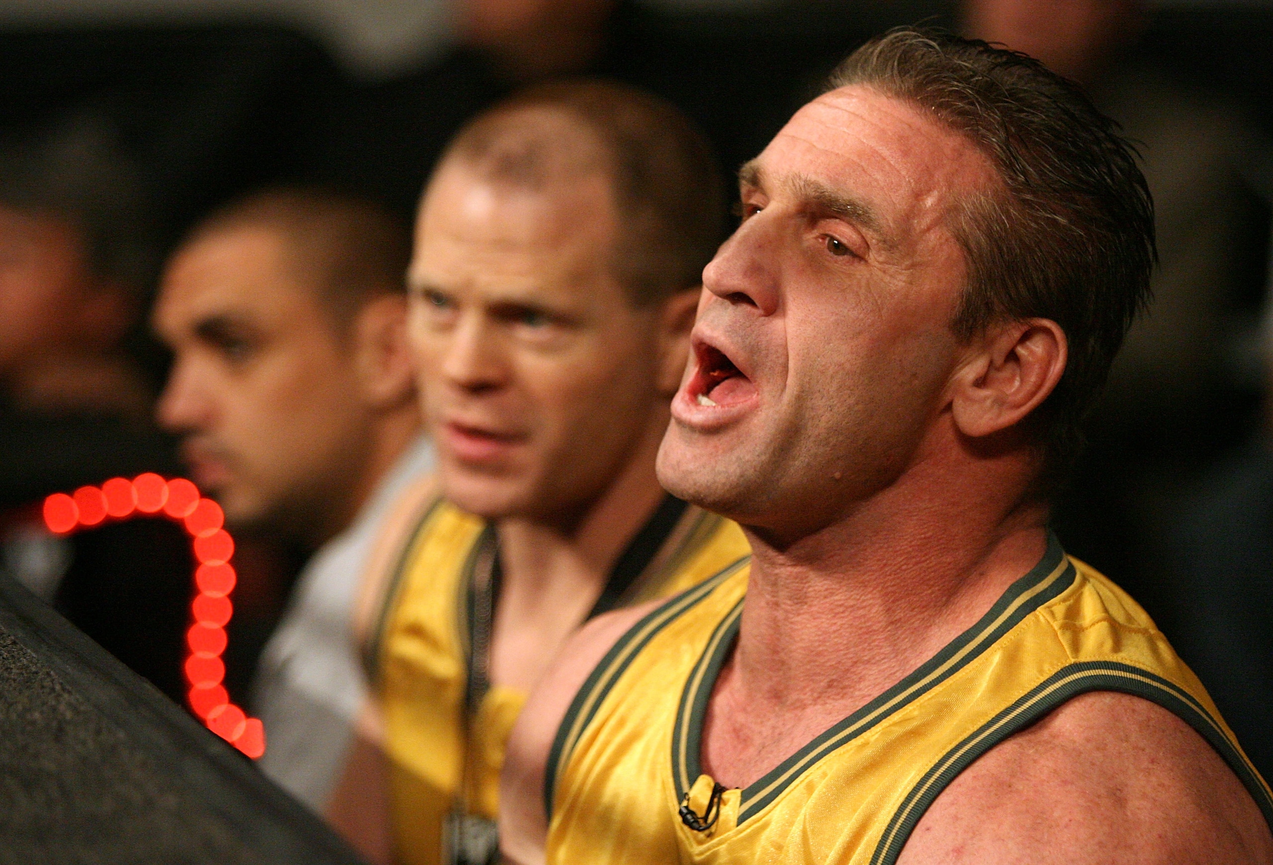 HOFFMAN ESTATES, IL - NOVEMBER 03:  Coach, Ken Shamrock yells support to his fighter Roy Nelson (Black Trunks) of the Lions against Bryan Vetell (Red Trunks) of the Pitbulls against Roy Nelson (Black Trunks) of the Lions during their Heavyweight (265 lb.)